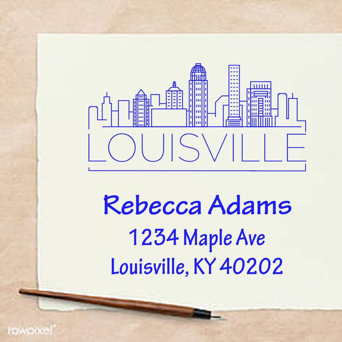 Personalized Louisville address rubber stamp with skyline design, Rebecca Adams, 1234 Maple Ave, Louisville, KY 40202.