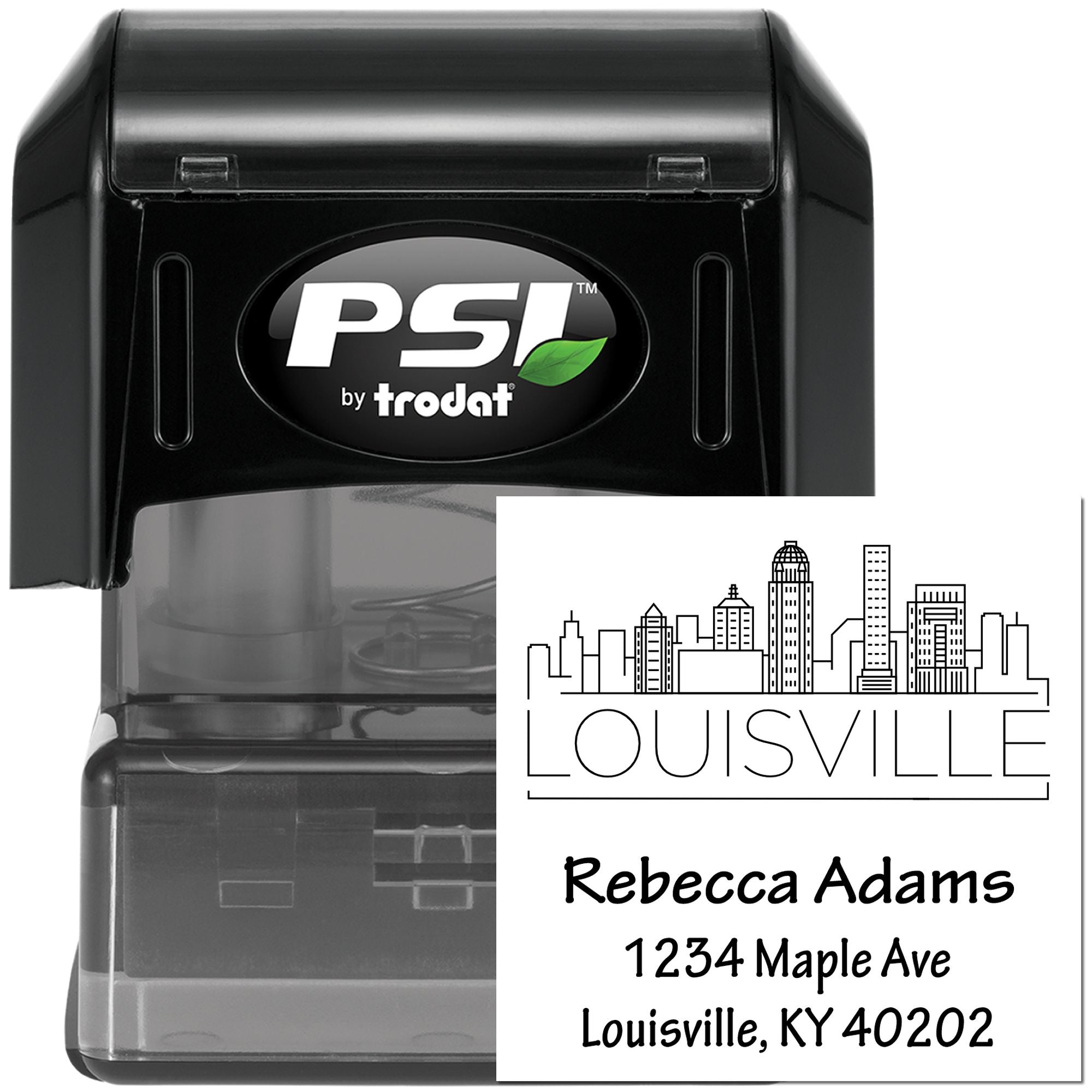 Custom self-inking address stamp with Louisville skyline, return address, and PSI by Trodat.