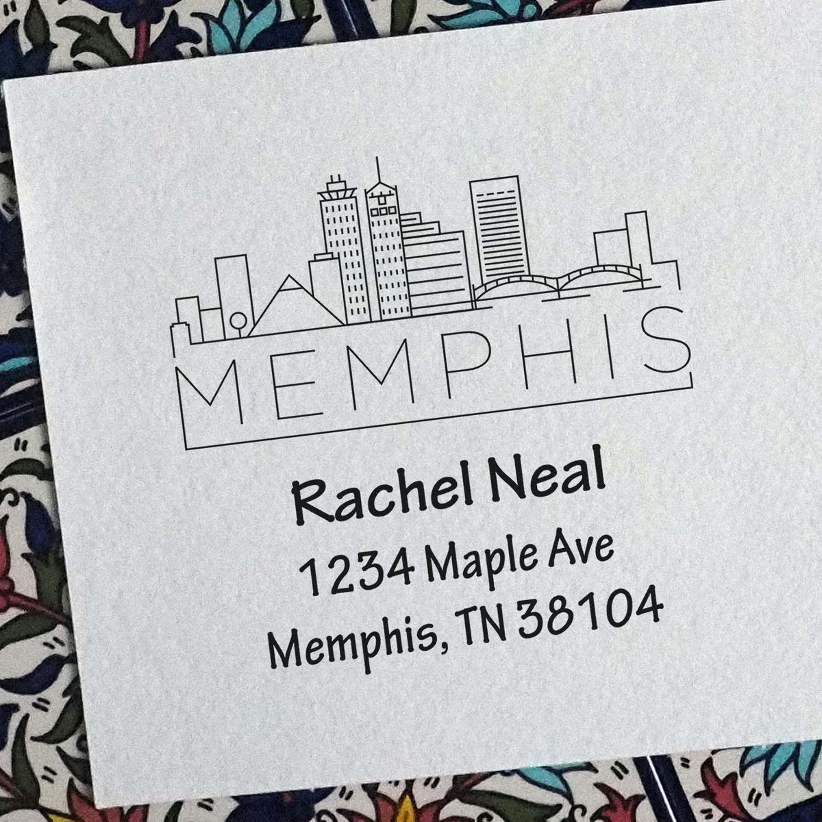 Personalized Memphis return address rubber stamp with skyline design for Rachel Neal.