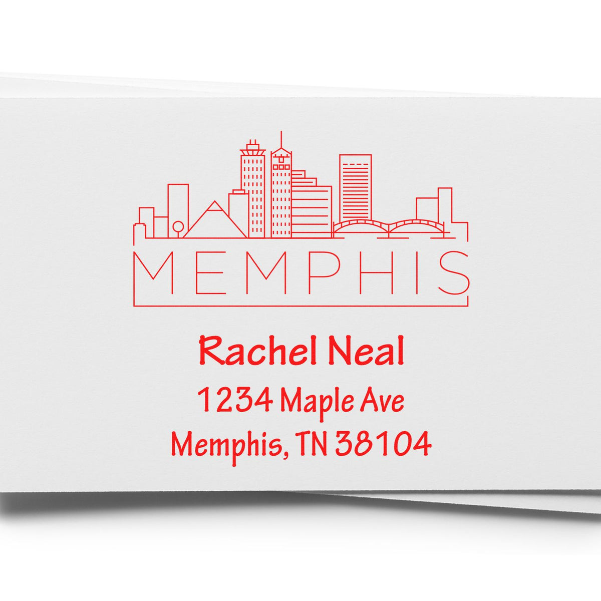 Custom Memphis return address rubber stamp with skyline graphic, Rachel Neal, 1234 Maple Ave, Memphis, TN 38104