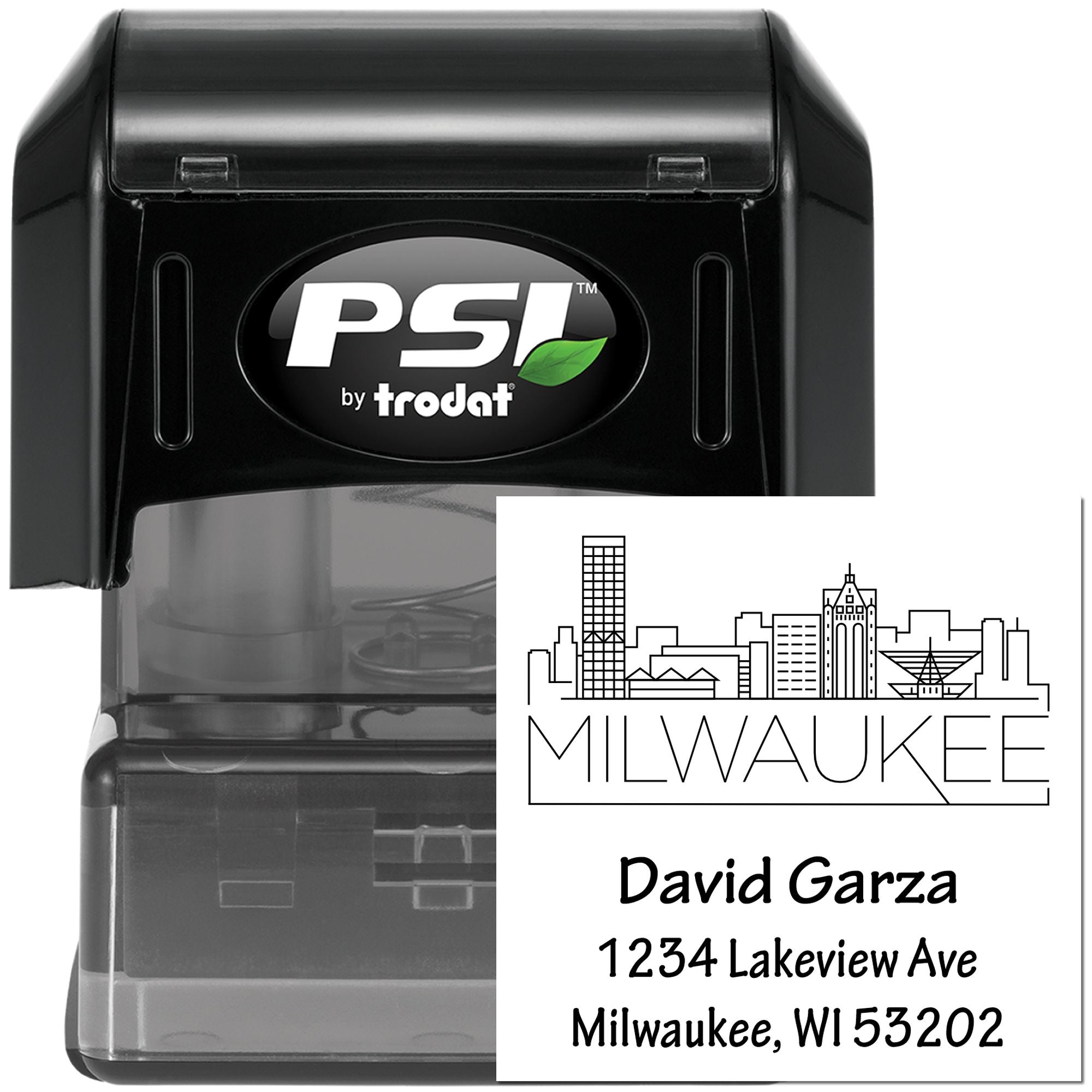 Custom self-inking rubber address stamp with Milwaukee skyline design, PSI by Trodat, for David Garza, 1234 Lakeview Ave, Milwaukee, WI 53202.