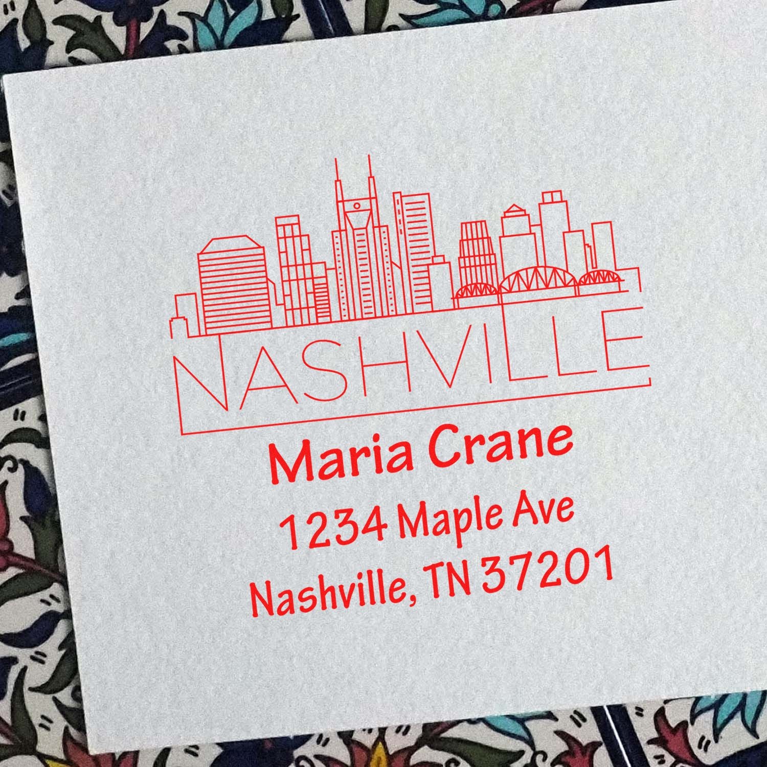 Personalized Nashville return address rubber stamp with skyline design for Maria Crane, street address, and ZIP code.