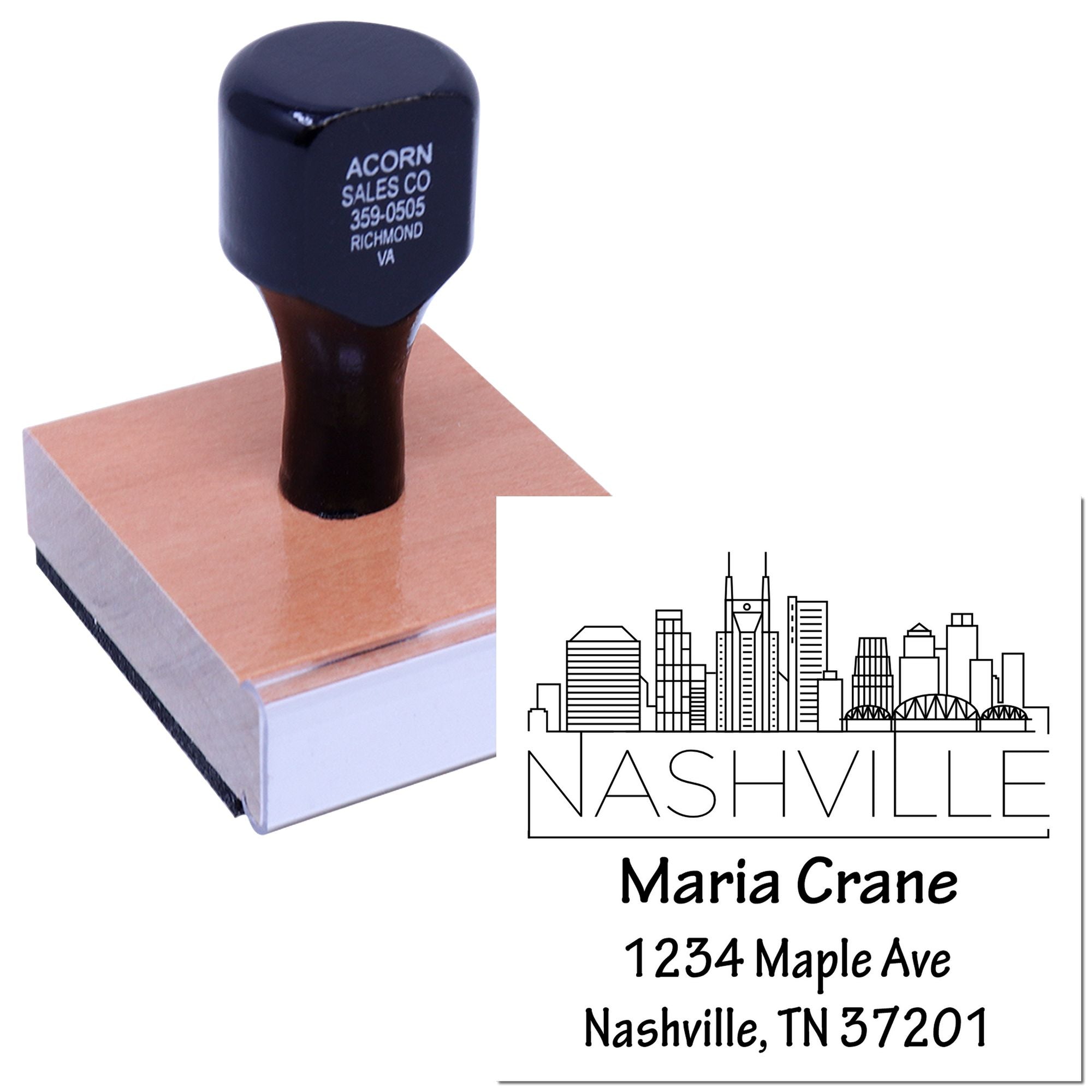 Custom Nashville return address rubber stamp with skyline design and personalized name and address.
