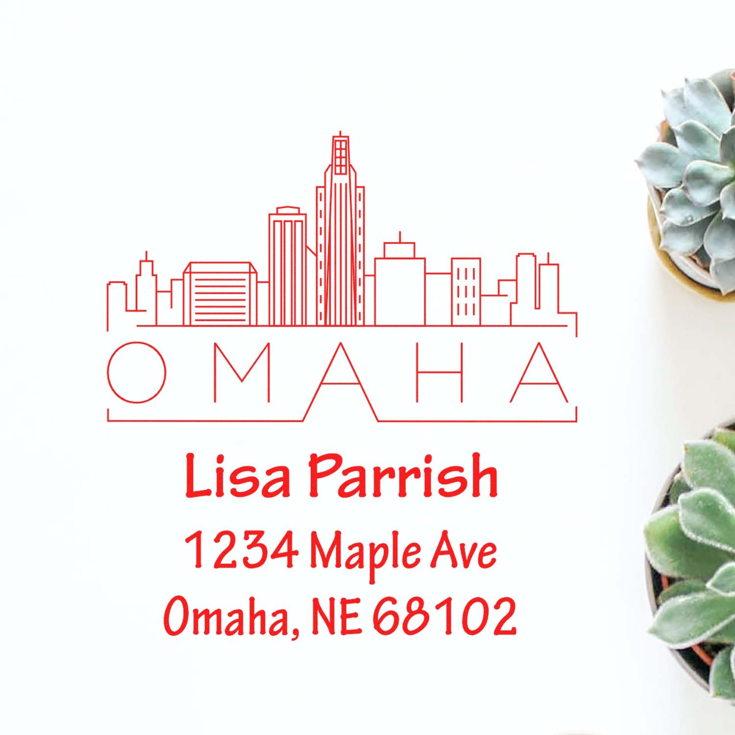Custom Omaha skyline return address rubber stamp with Lisa Parrish, 1234 Maple Ave, Omaha, NE 68102.