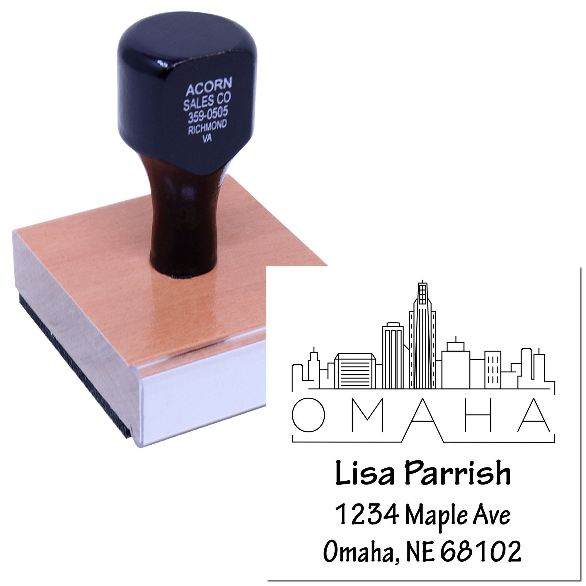 Custom Omaha address rubber stamp with skyline logo, showing personalized return address imprint for business or home use.