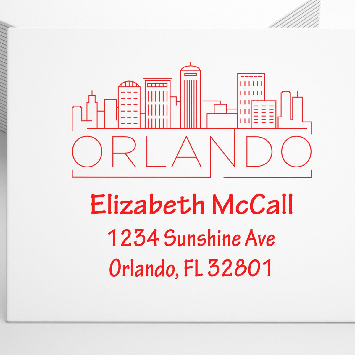 Personalized Orlando return address rubber stamp with skyline, Elizabeth McCall, 1234 Sunshine Ave, Orlando, FL 32801