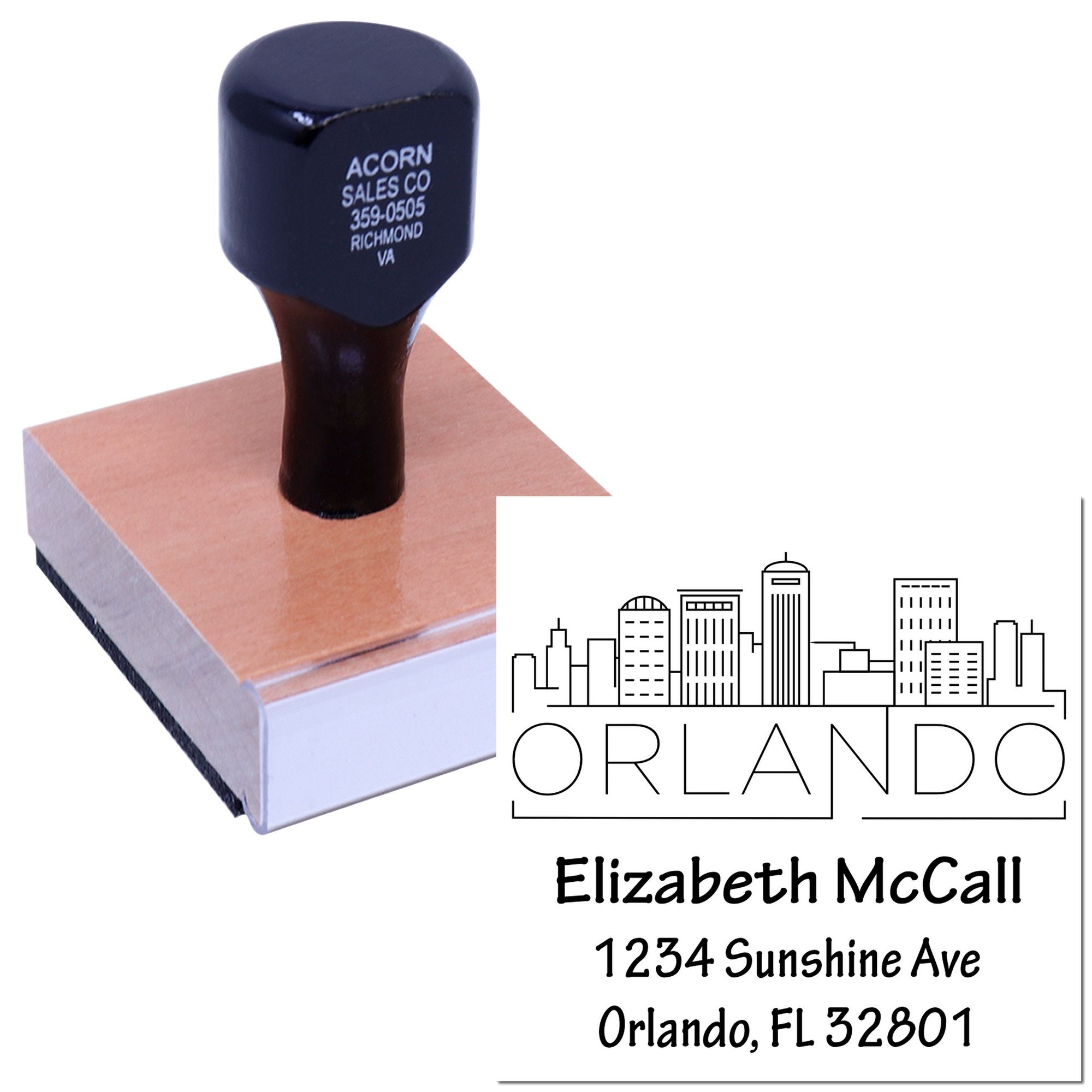 Custom address rubber stamp with Orlando skyline design for business mail, featuring Elizabeth McCall and 1234 Sunshine Ave.