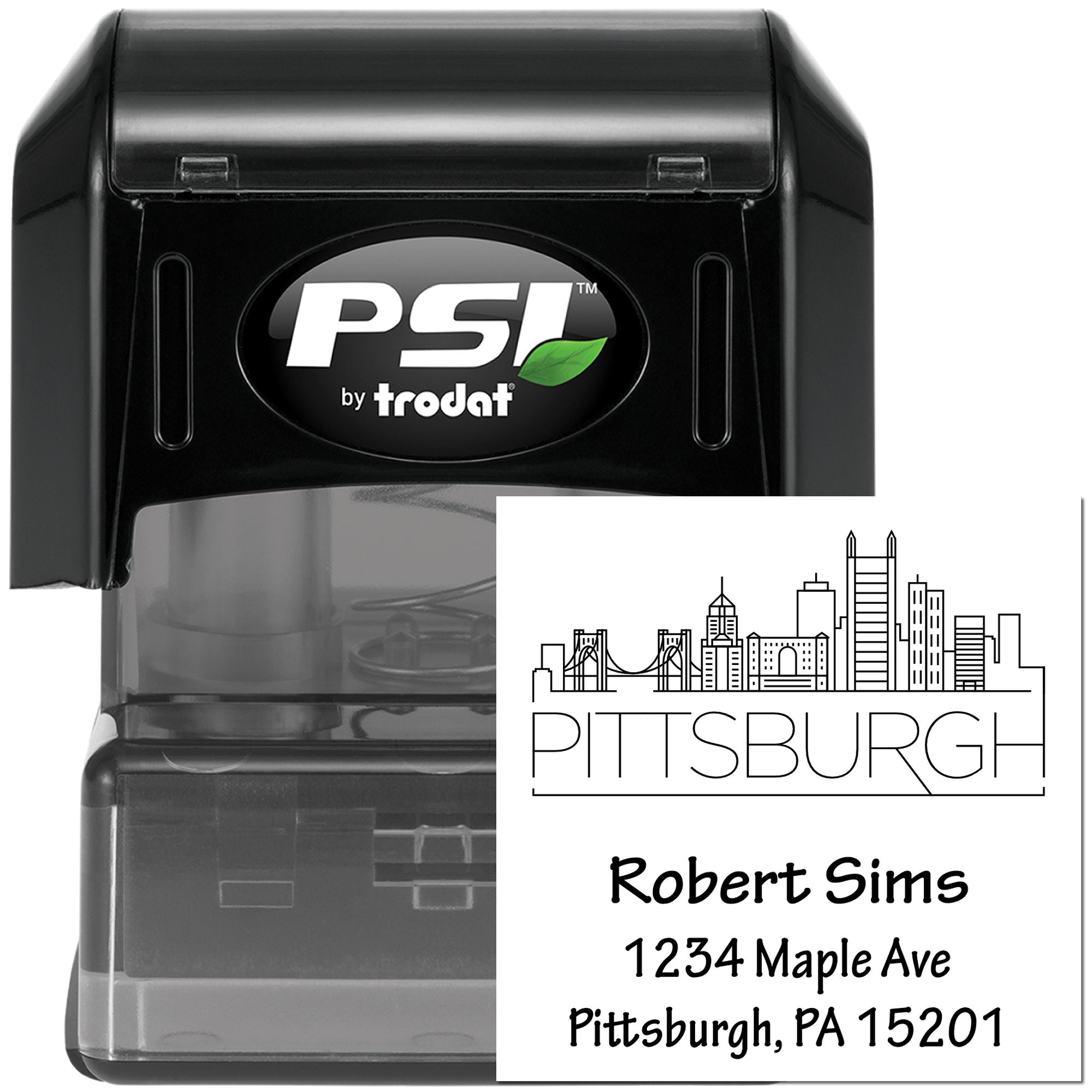Custom self-inking address stamp for Pittsburgh, PA with skyline design, ideal for personalized rubber stamping.