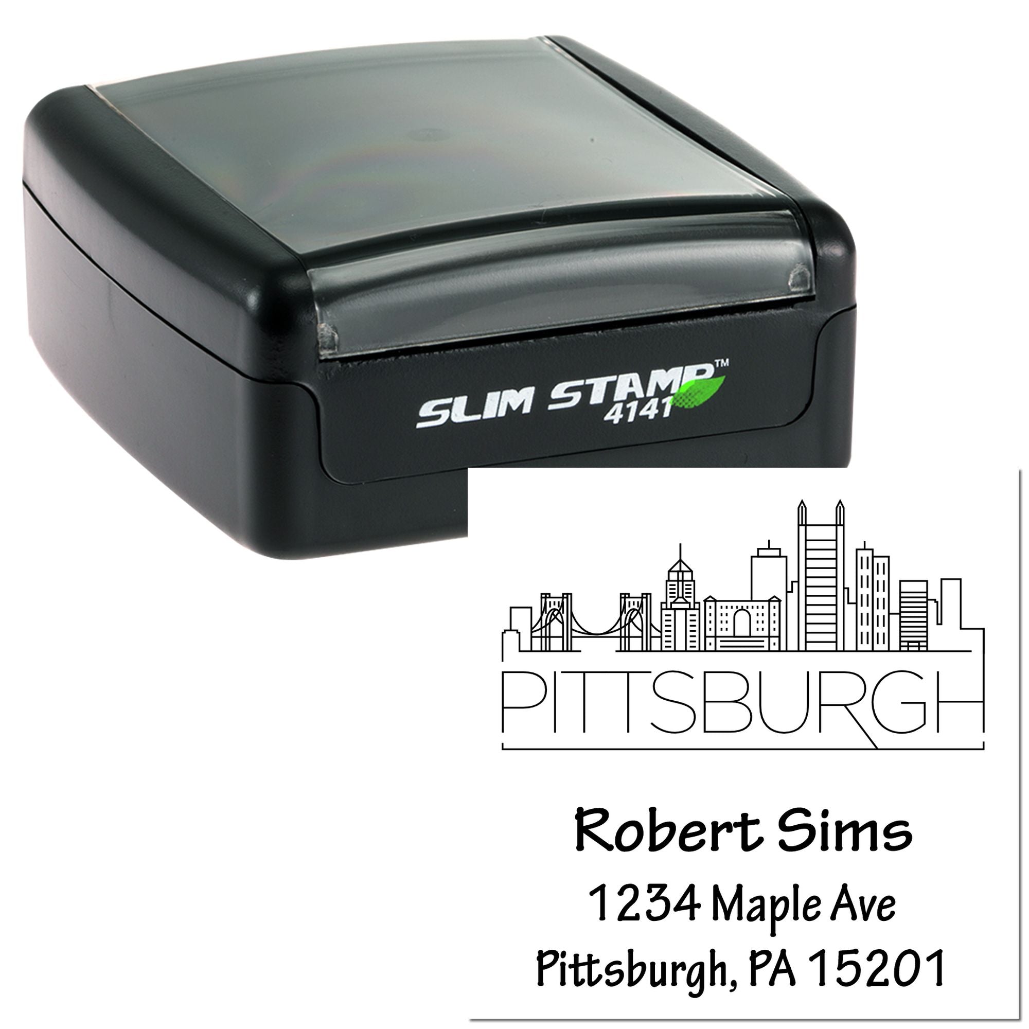 Custom self-inking Pittsburgh address rubber stamp with skyline design and personalized name and mailing address.