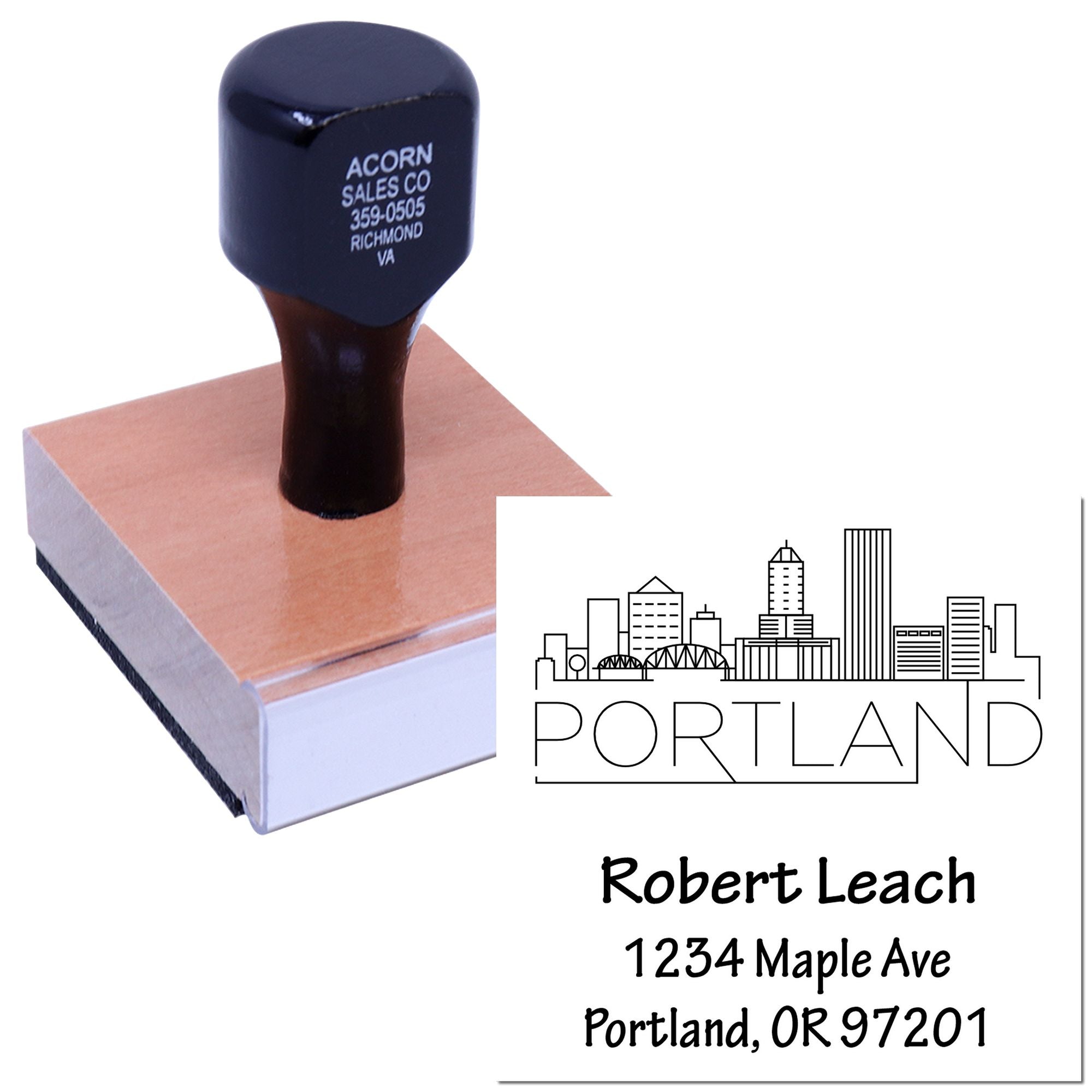 Custom Portland return address rubber stamp with skyline design for Robert Leach mailing labels