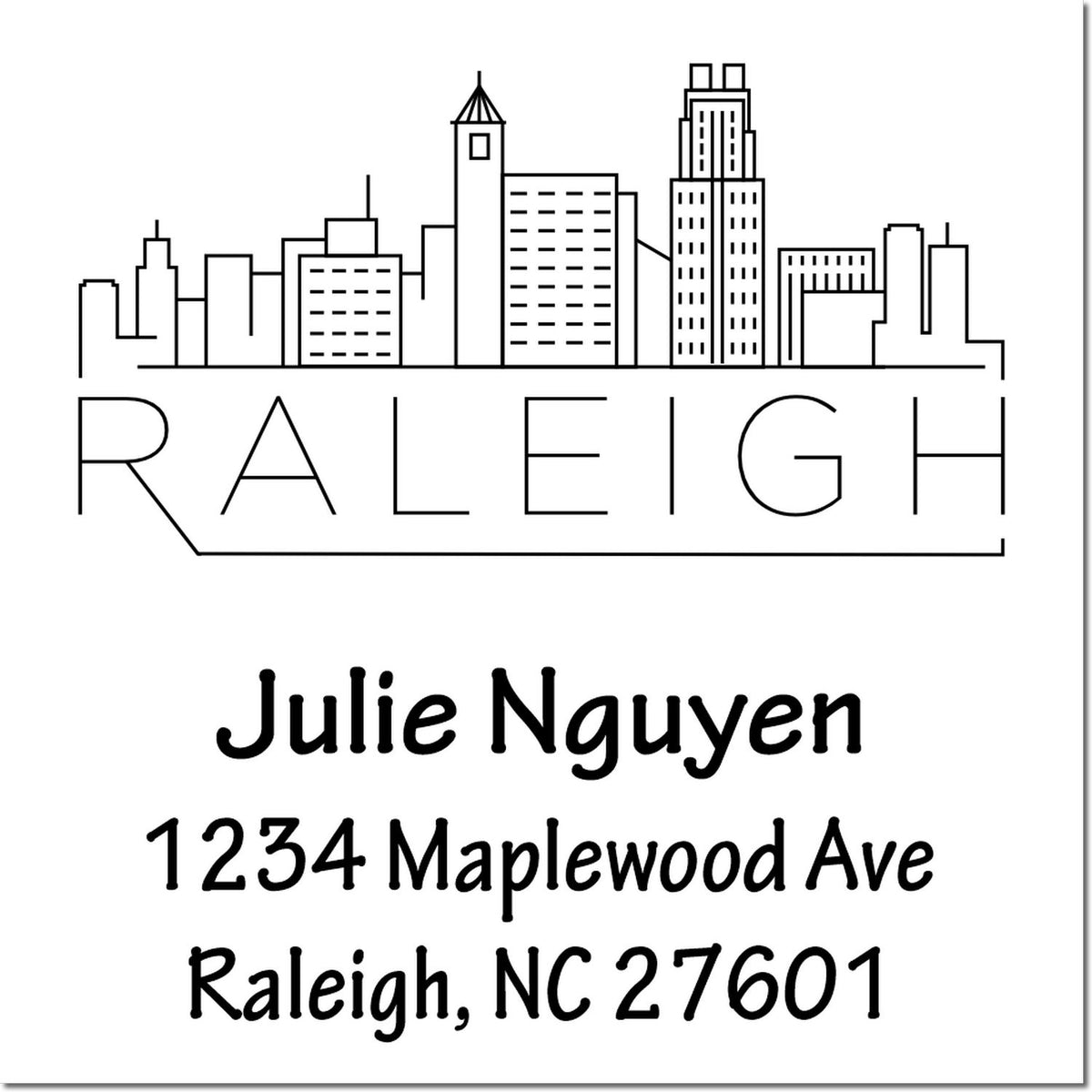 Custom Raleigh address rubber stamp with skyline, for Julie Nguyen, 1234 Maplewood Ave, Raleigh, NC 27601.