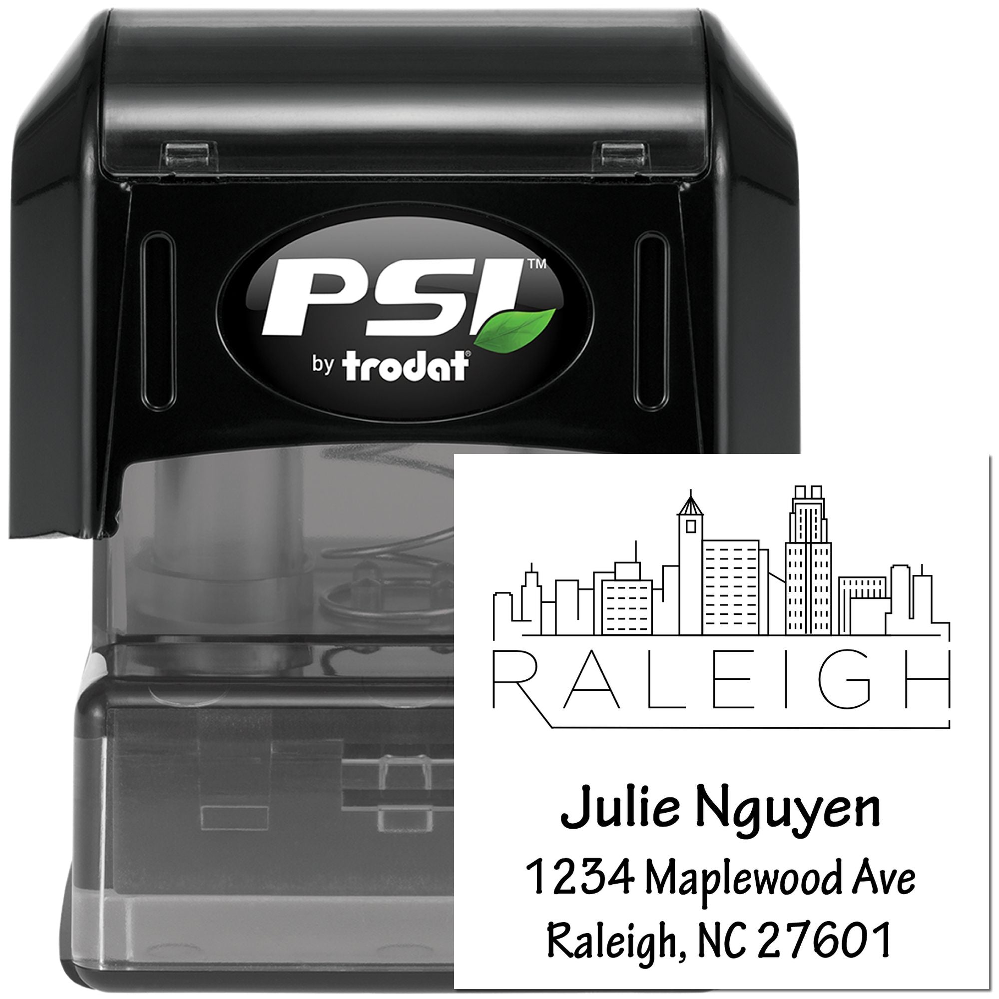 PSI by Trodat self-inking custom address rubber stamp featuring Raleigh skyline and Julie Nguyen return address
