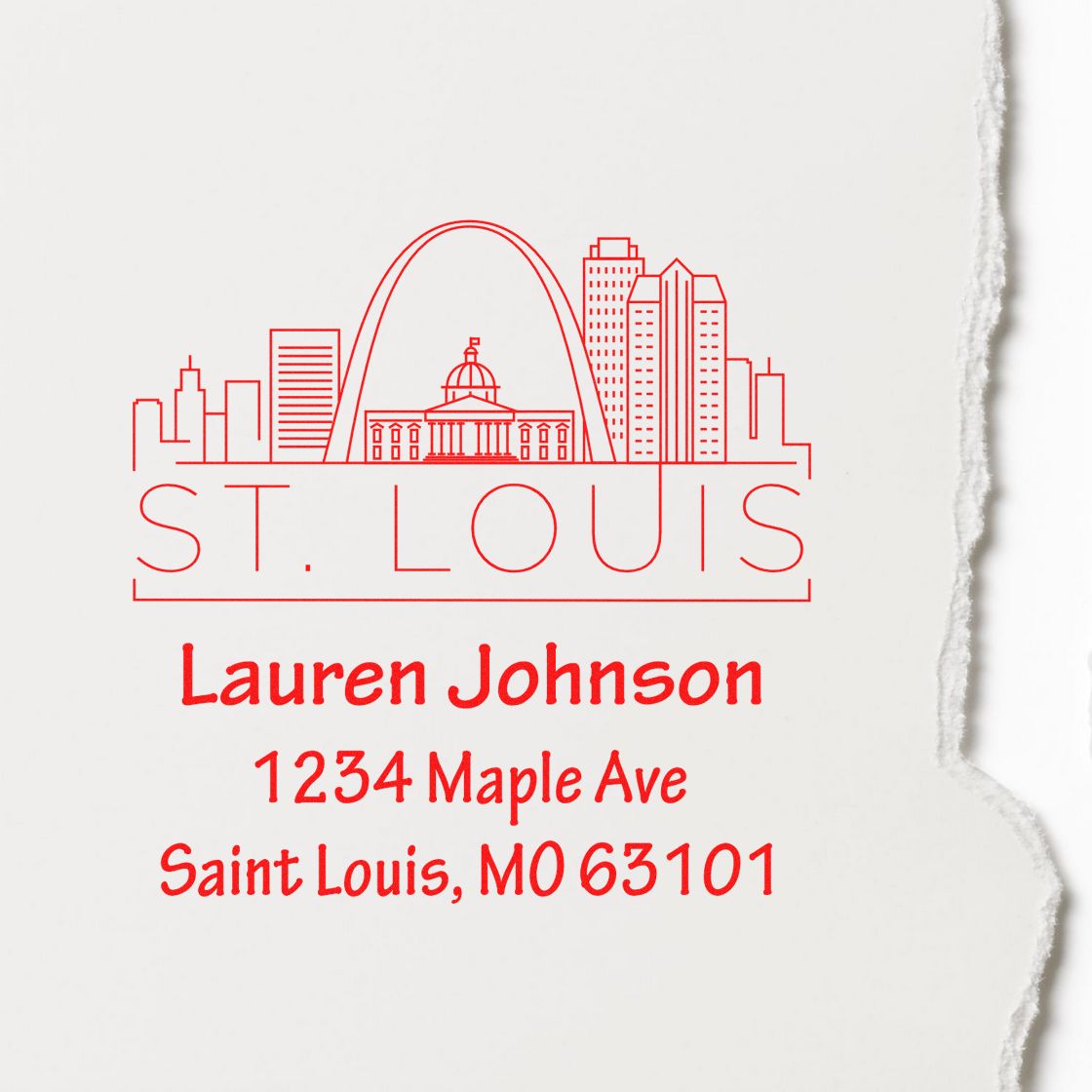 Custom St. Louis address rubber stamp with skyline, Lauren Johnson, 1234 Maple Ave, Saint Louis, MO 63101.