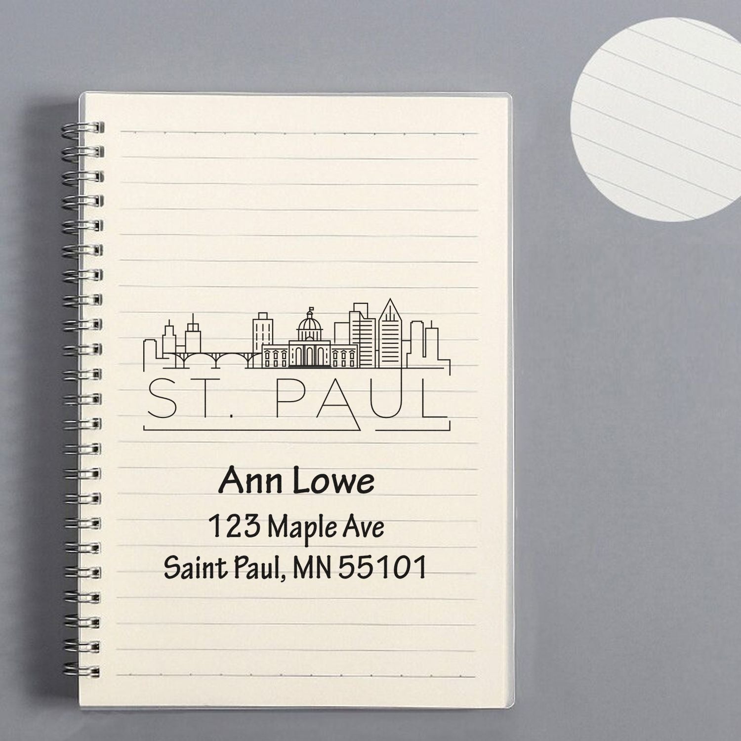 Custom St. Paul return address rubber stamp with skyline, personalized name, street address, and ZIP code for mailing labels.