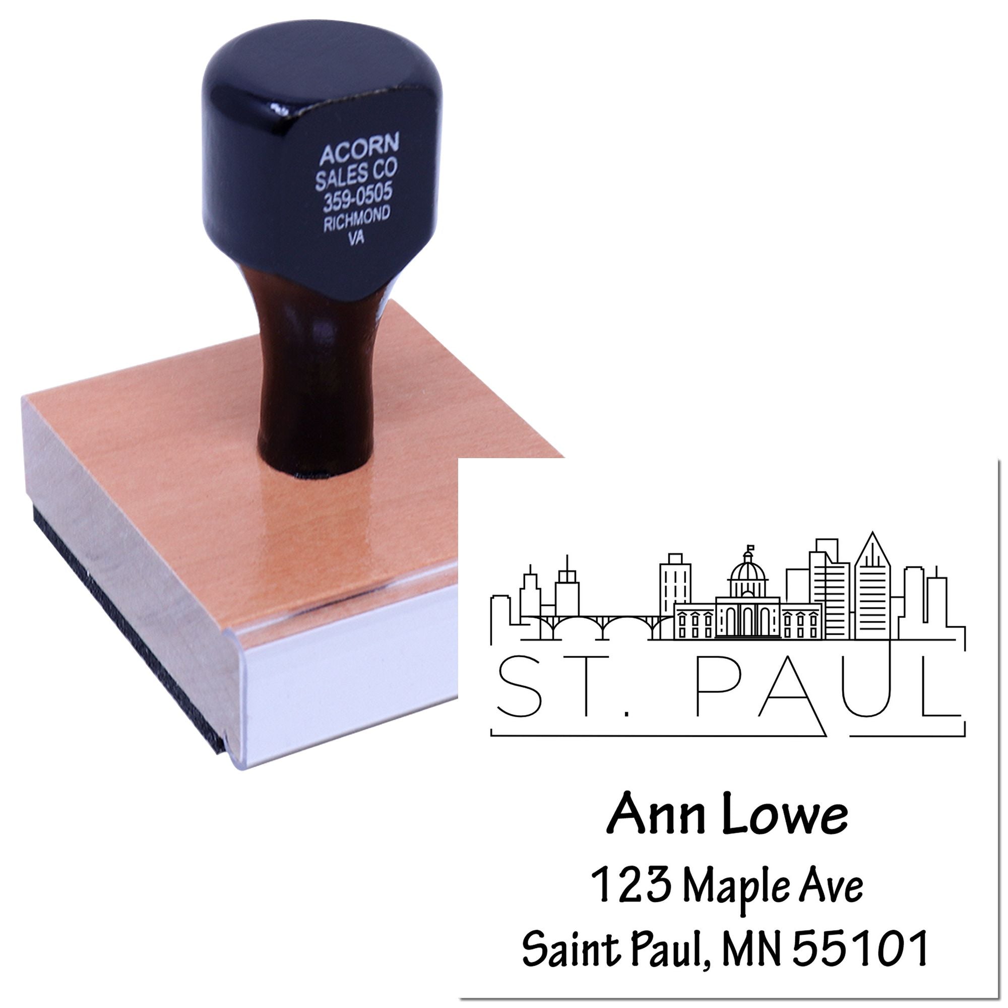 Custom self-inking rubber stamp with St. Paul skyline and personalized return address for envelopes and business mail.