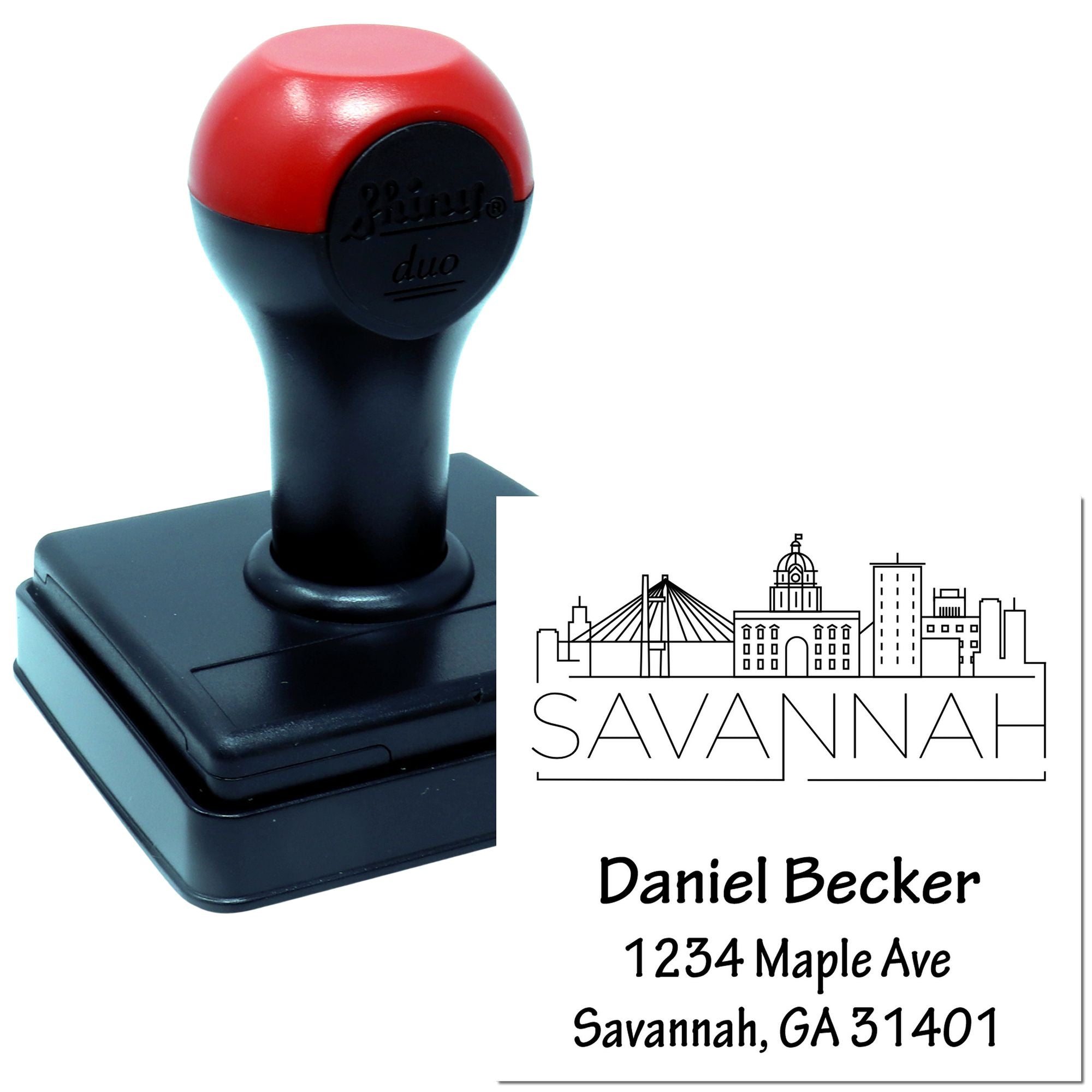 Custom self-inking rubber stamp with Savannah address design for Daniel Becker, 1234 Maple Ave, Savannah, GA 31401.