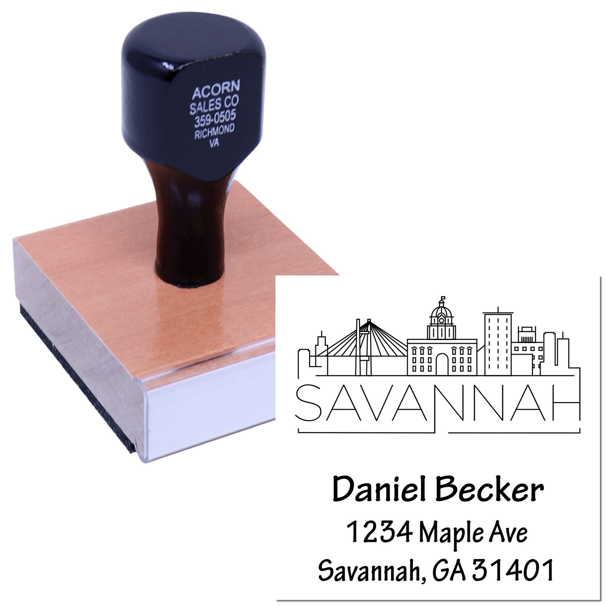 Custom Savannah address rubber stamp with skyline logo and Daniel Becker 1234 Maple Ave, Savannah, GA 31401