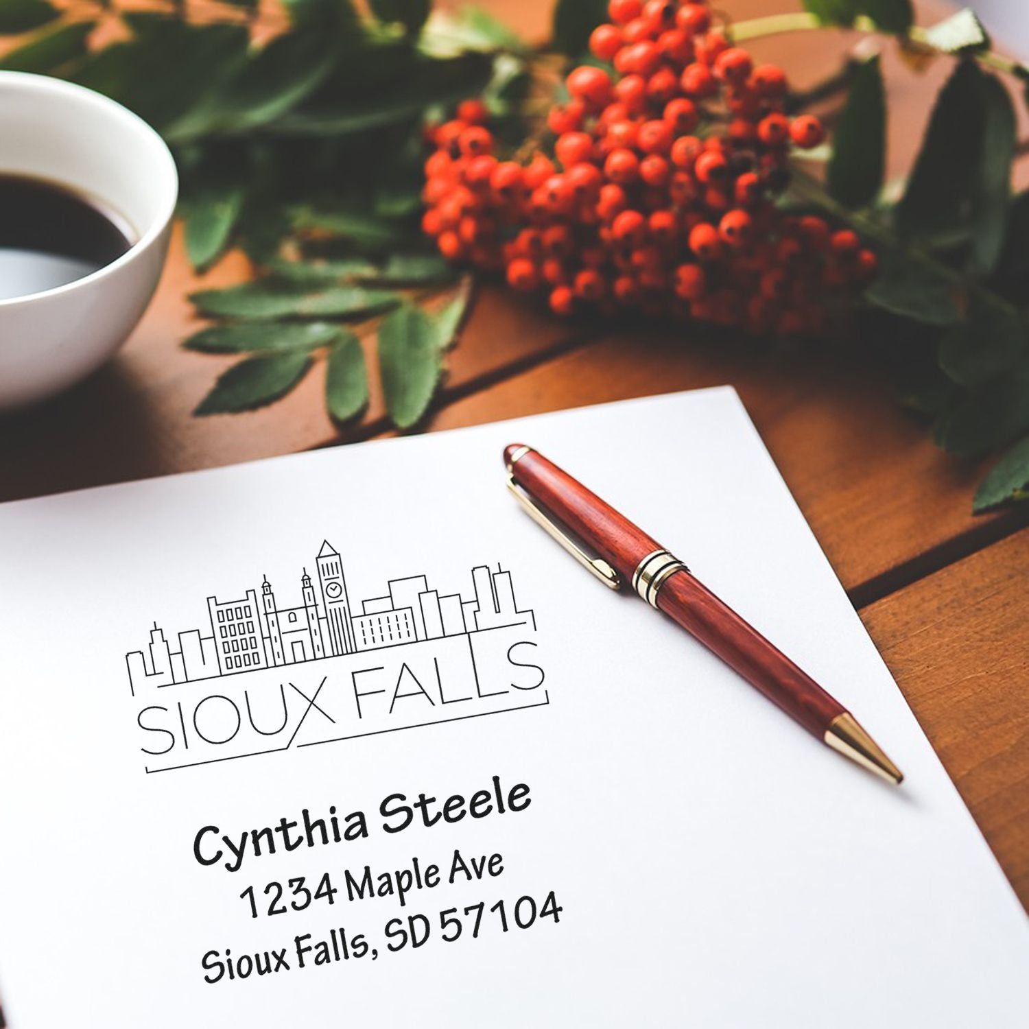 Custom Sioux Falls return address rubber stamp with skyline design, personalized for stationery and envelopes