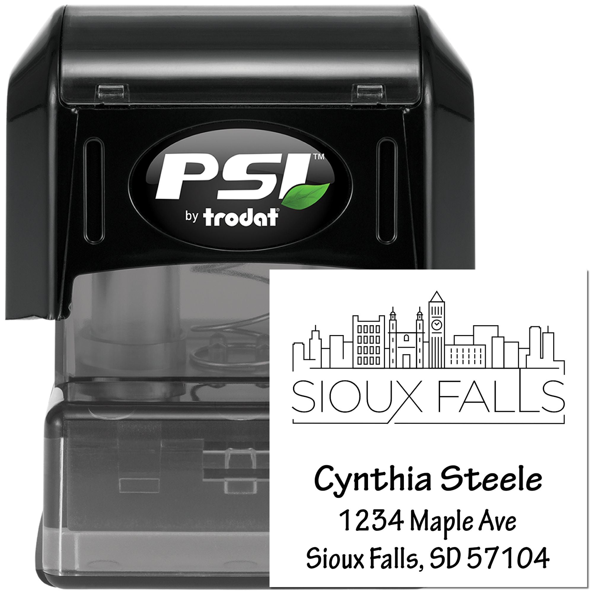 Custom self-inking rubber address stamp by PSI Trodat with Sioux Falls skyline, name, and address imprint