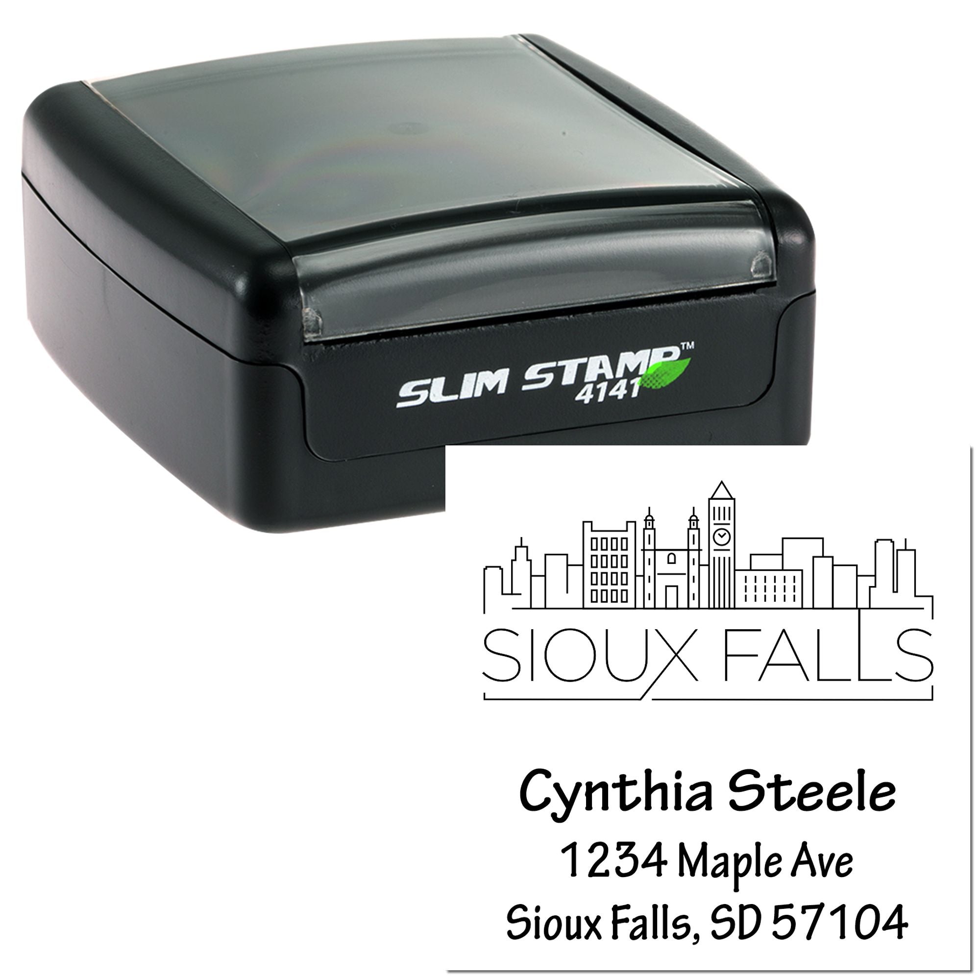 Custom self-inking rubber stamp with Sioux Falls logo and personalized return address imprint.