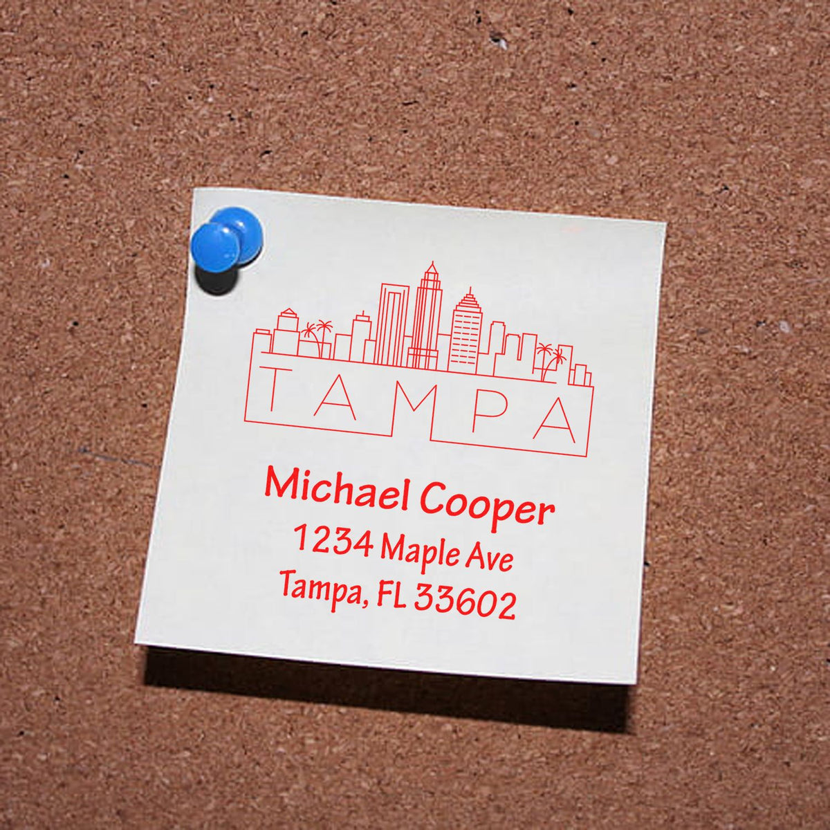 Custom Tampa skyline address rubber stamp for Michael Cooper, 1234 Maple Ave, Tampa, FL 33602