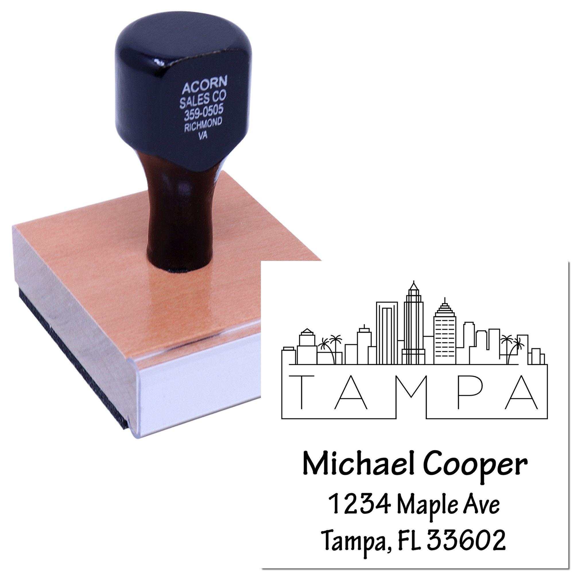 Personalized custom address rubber stamp with Tampa skyline for Michael Cooper, Tampa FL 33602