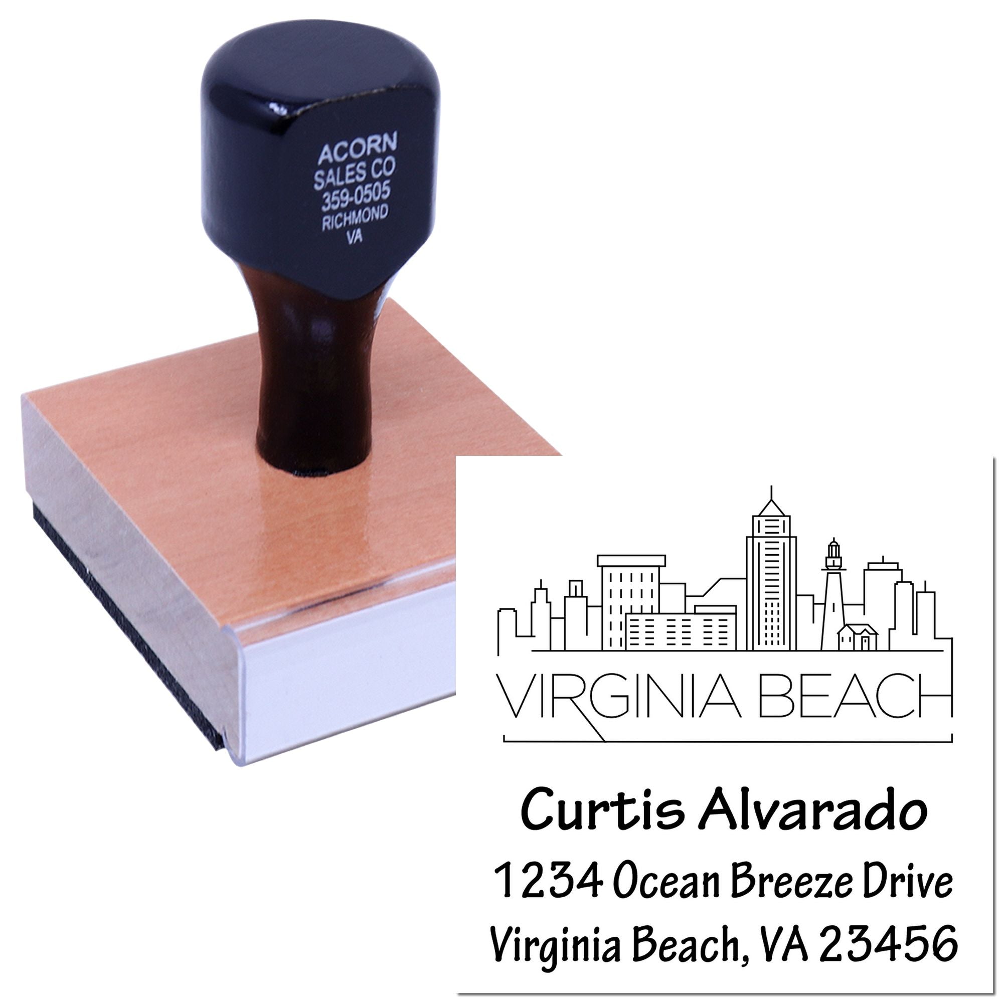 Virginia Beach Architectural City Skyline Custom-Made Envelope Address for Envelopes Stamp with Wood Handle