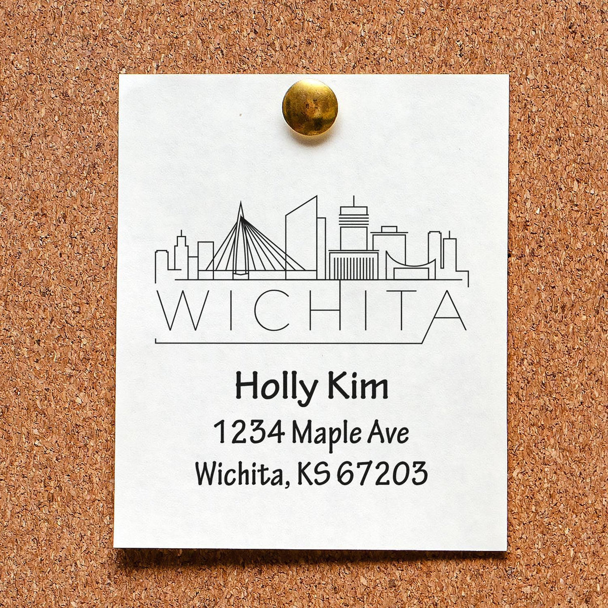 Personalized Wichita address stamp with skyline design for Holly Kim, 1234 Maple Ave, Wichita, KS 67203.