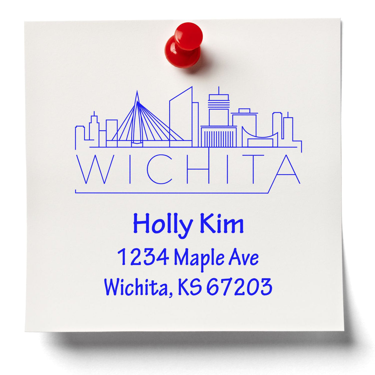 Custom Wichita, KS return address rubber stamp with skyline design and name Holly Kim for mailing envelopes.
