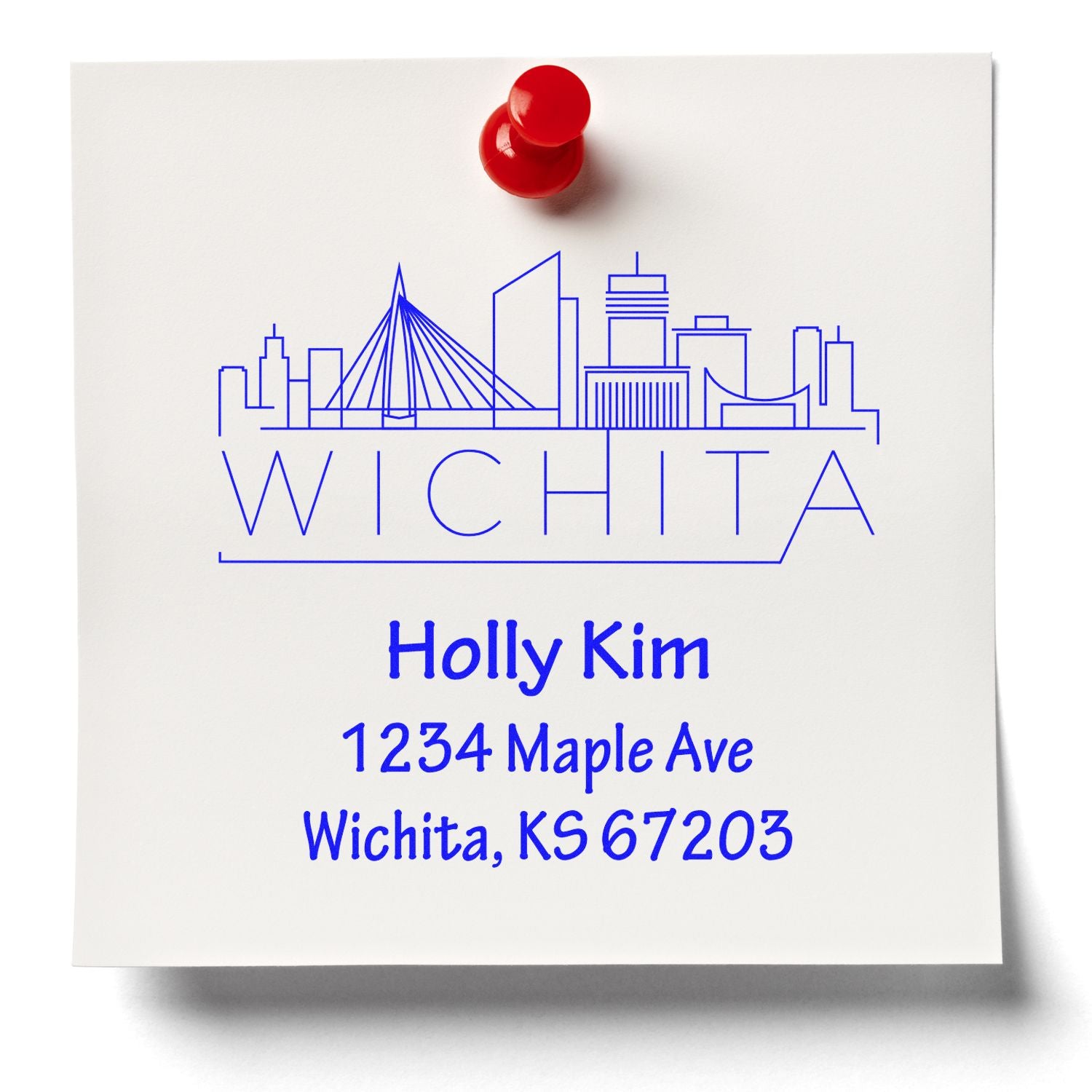 Custom Wichita skyline address rubber stamp for Holly Kim, Wichita KS, personalized return address imprint.