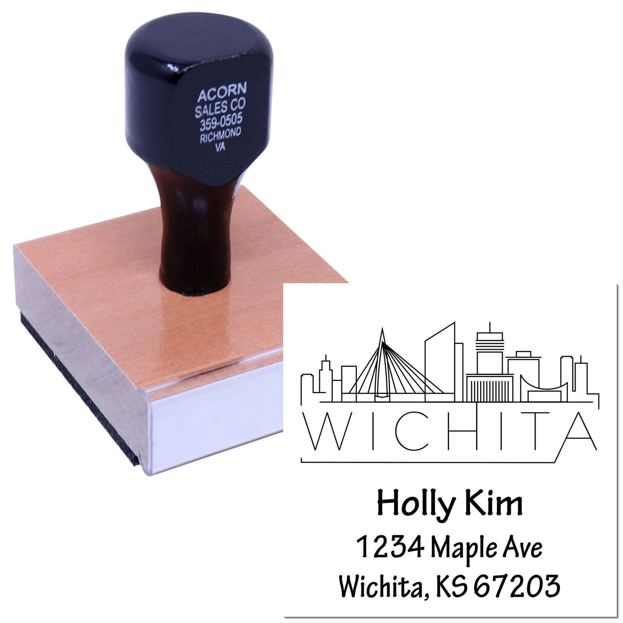 Custom rubber address stamp with Wichita skyline design, personalized for Holly Kim, 1234 Maple Ave, Wichita, KS 67203.