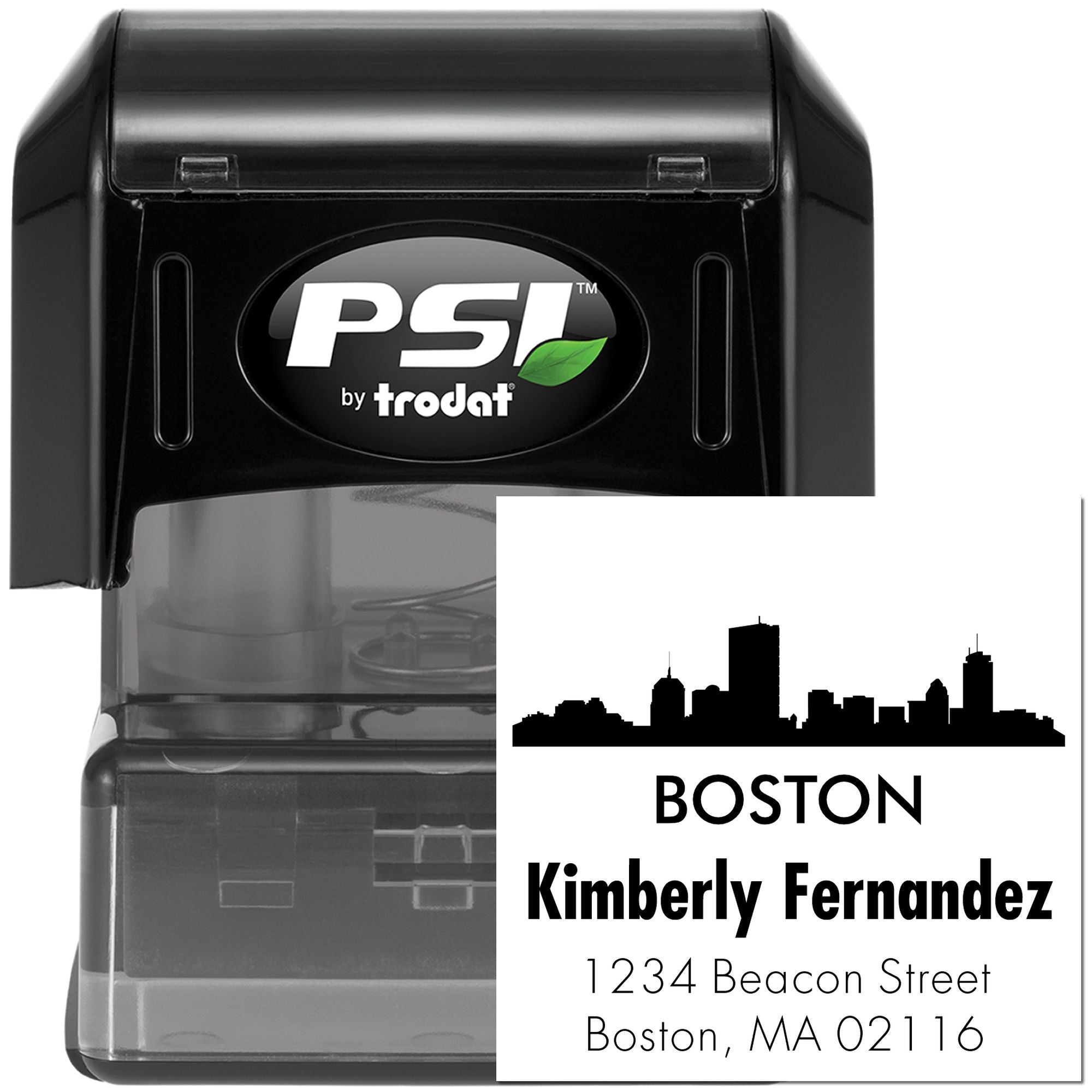 PSI by Trodat self-inking custom address rubber stamp with Boston skyline design and Kimberly Fernandez return address