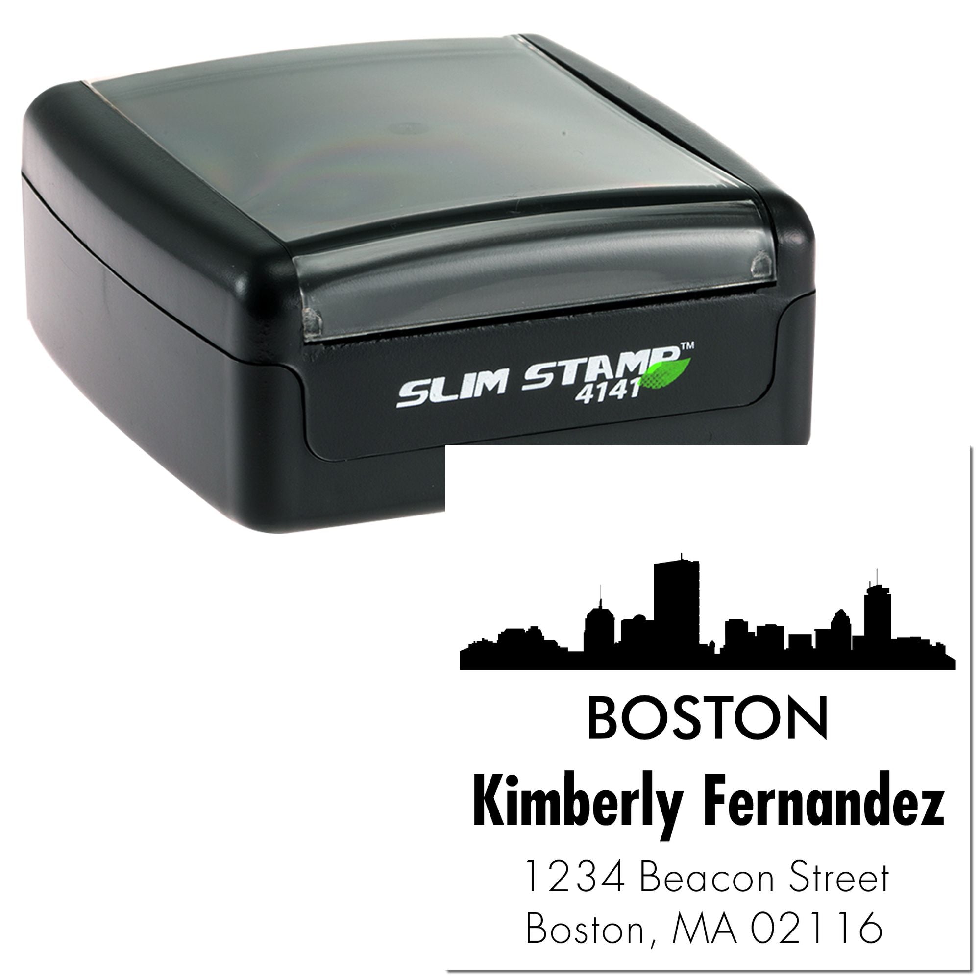 Custom self-inking rubber address stamp with Boston skyline for Kimberly Fernandez, 1234 Beacon Street, Boston, MA 02116