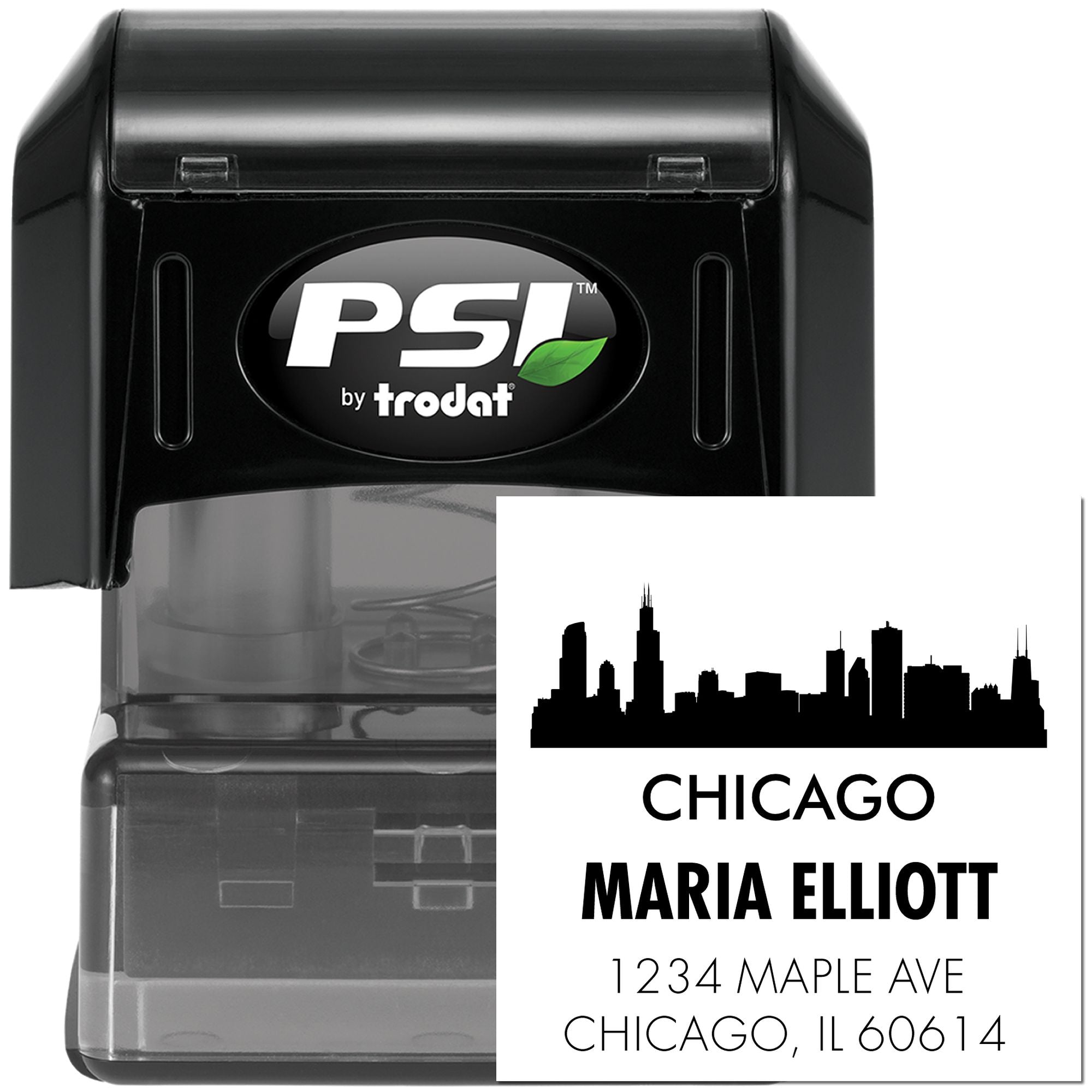 Custom self-inking rubber address stamp by PSI Trodat with Chicago skyline and personalized return address.