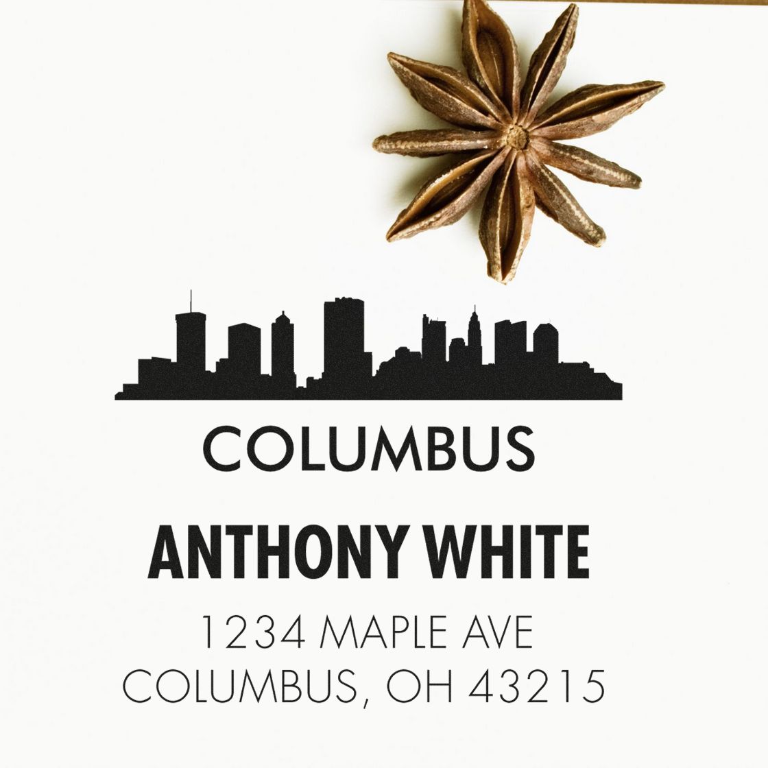 Custom Columbus return address rubber stamp with skyline, Anthony White name, and Ohio mailing address.