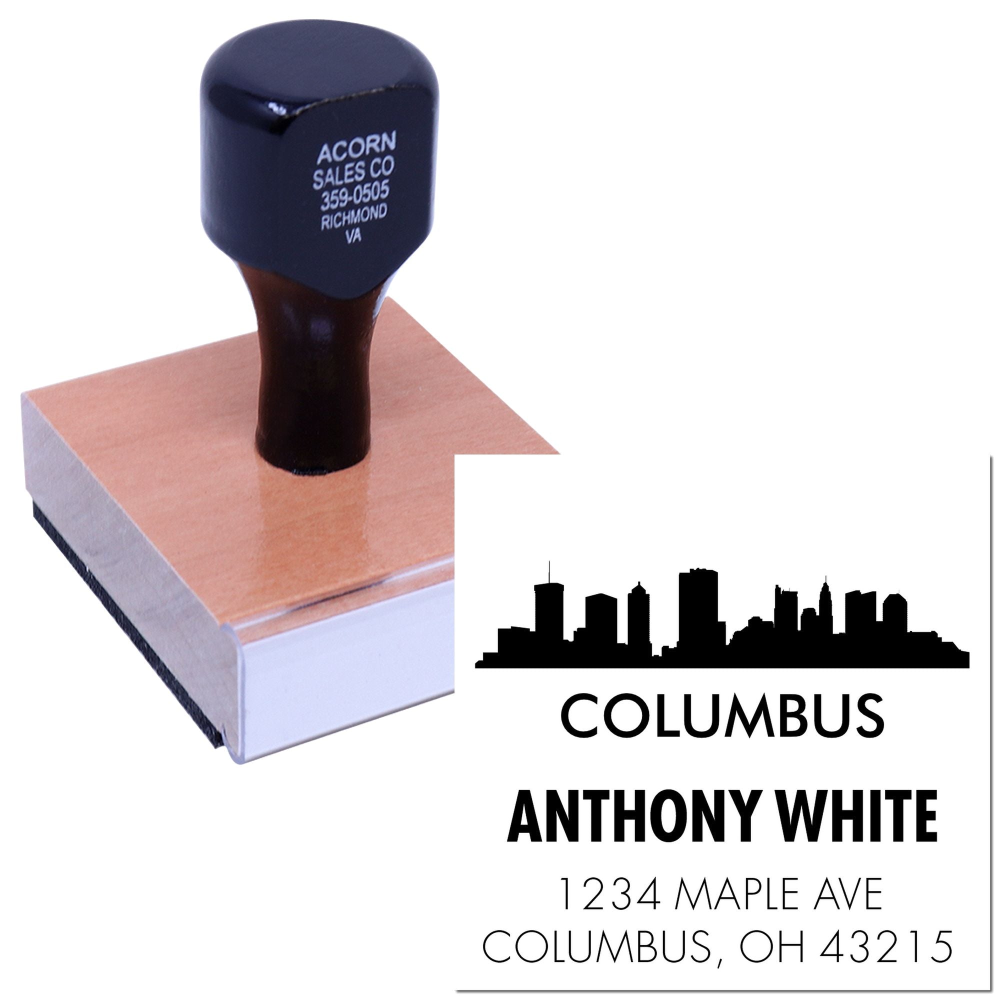 Custom rubber address stamp with Columbus skyline and personalized business name for envelopes, mail, and branding.