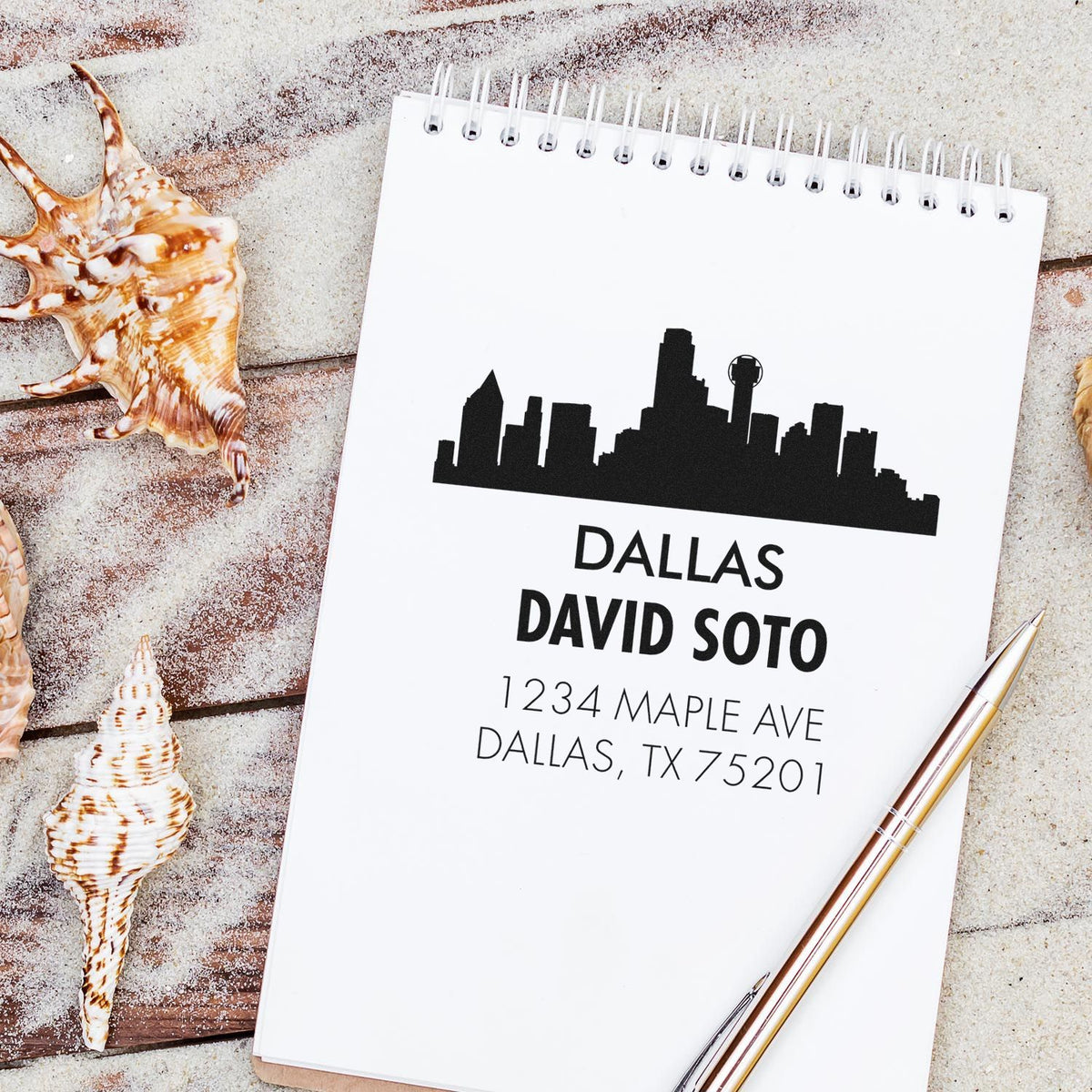 Personalized Dallas skyline return address stamp design with name and address for custom envelopes and stationery.