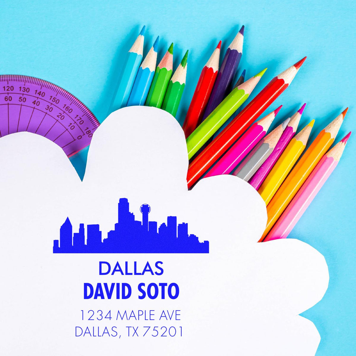 Custom Dallas return address rubber stamp with skyline, name, and address for school and office use.