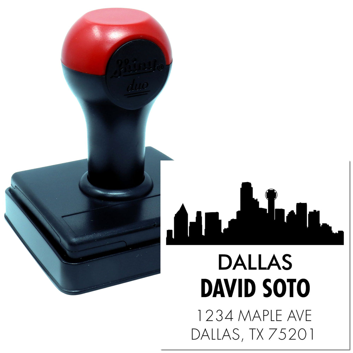 Custom self-inking rubber address stamp with Dallas skyline and personalized return address for David Soto.