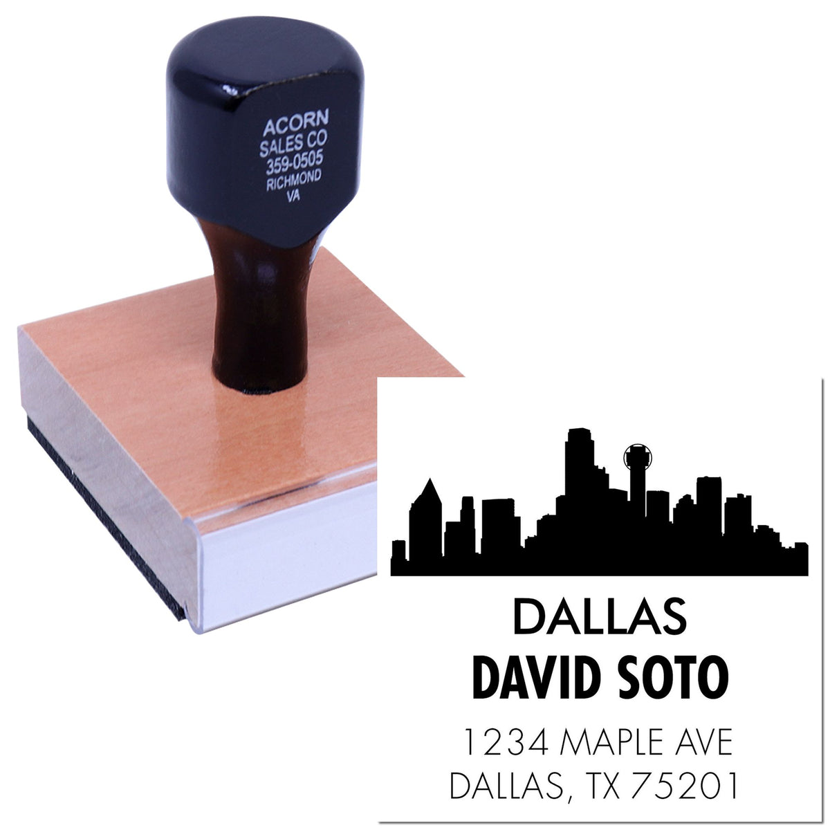 Personalized custom rubber address stamp with Dallas skyline design, name, and mailing address for business branding and return labeling.