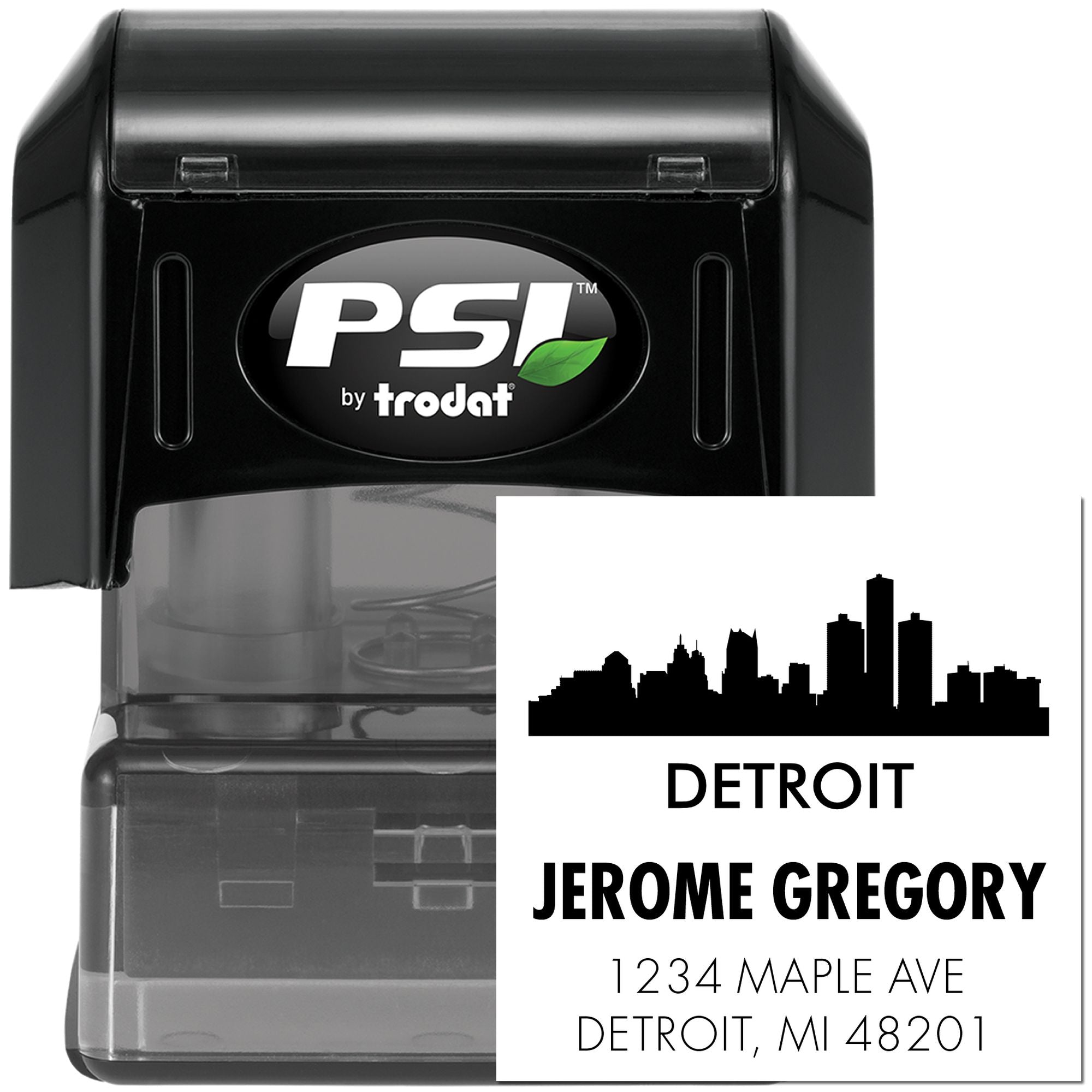 Personalized self-inking rubber address stamp with Detroit skyline, Jerome Gregory name, and mailing address.