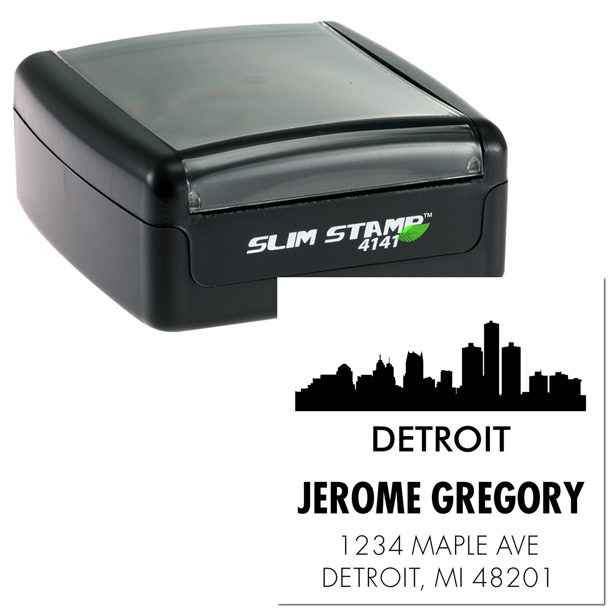 Custom self-inking rubber address stamp with Detroit skyline, Jerome Gregory name, and return address.