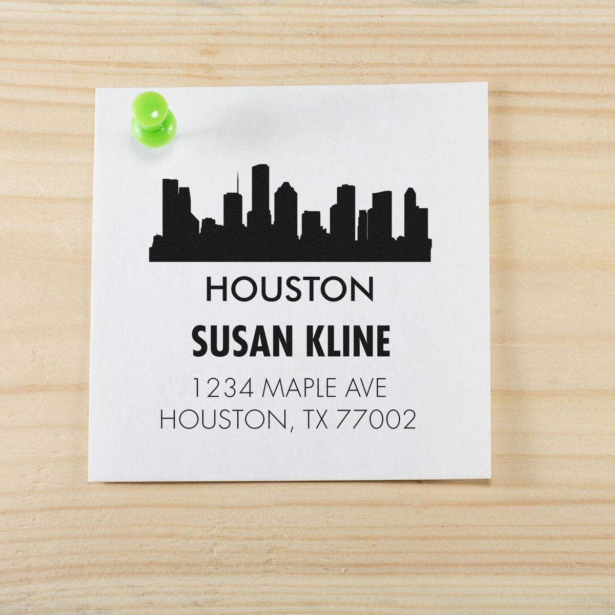 Custom Houston skyline return address rubber stamp for Susan Kline, 1234 Maple Ave, Houston, TX 77002.