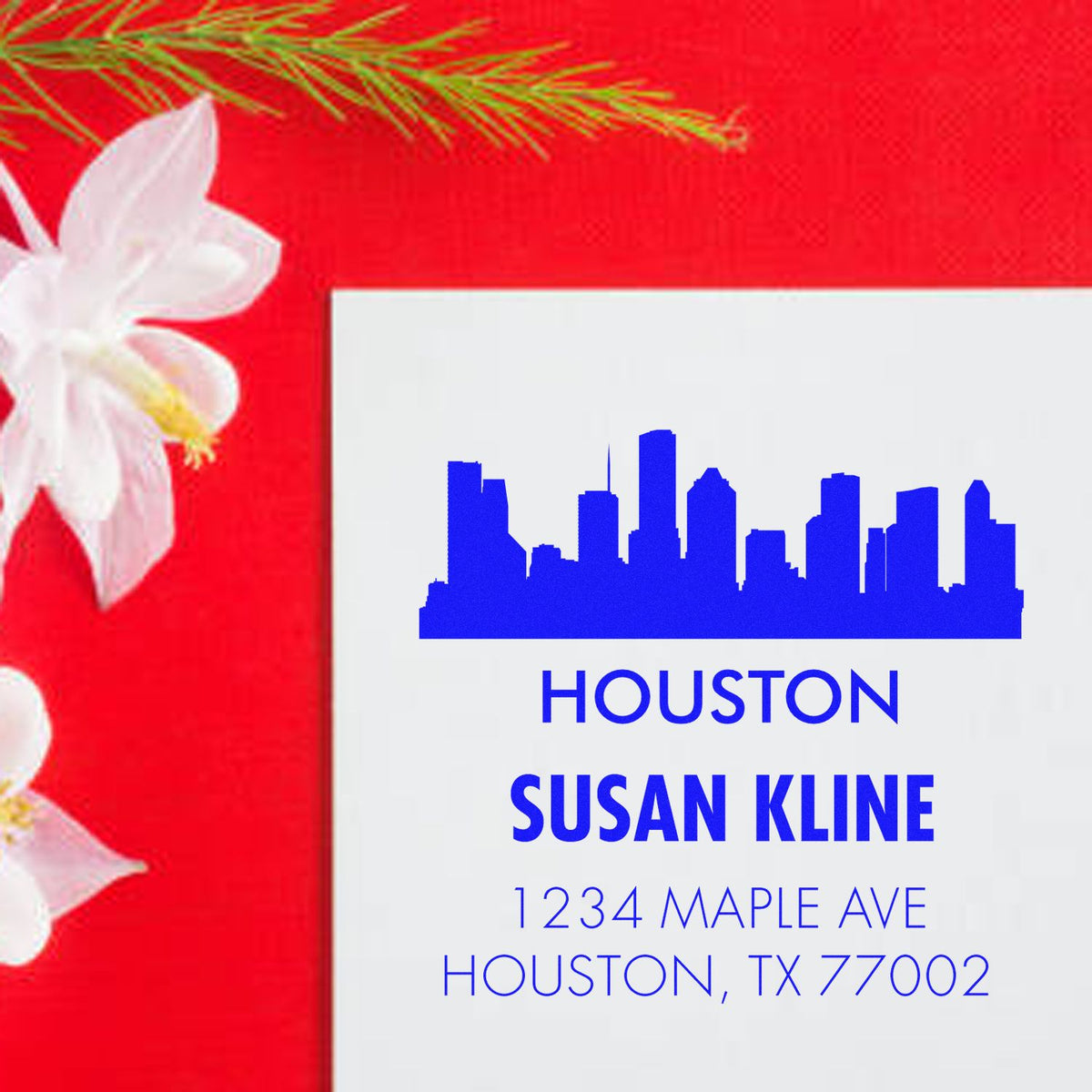 Custom Houston skyline return address rubber stamp with Susan Kline name and Houston, TX 77002 address.