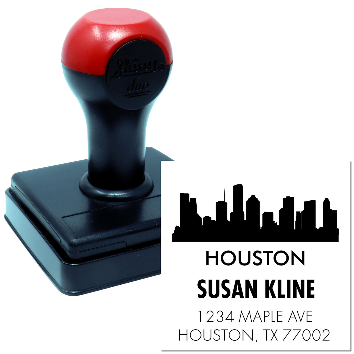 Personalized self-inking Houston return address rubber stamp with skyline design and custom imprint.