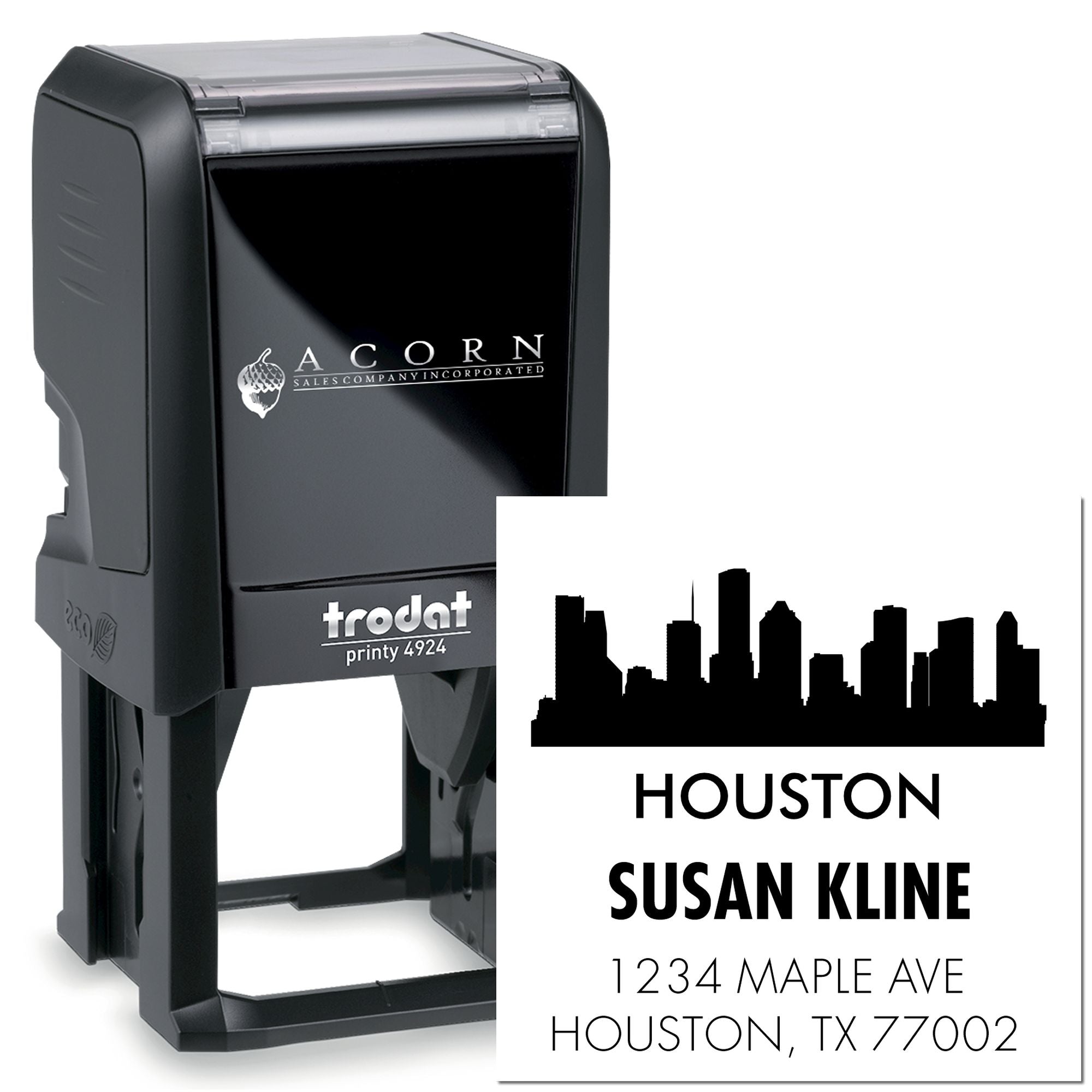 Custom self-inking rubber stamp with Houston skyline, name, and return address on Trodat Printy 4924.