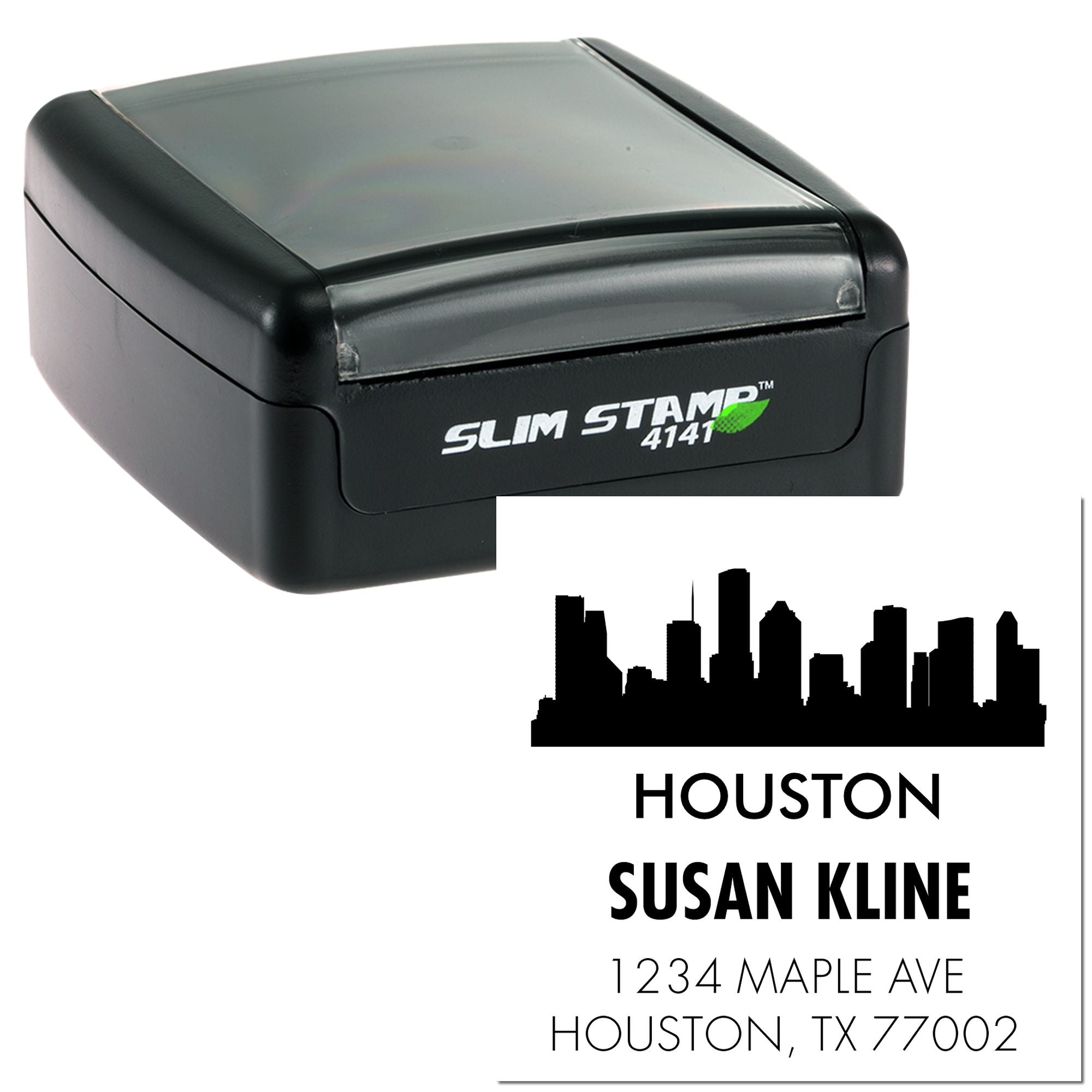 Personalized Houston skyline address rubber stamp with self-inking Slim Stamp 4141 case.