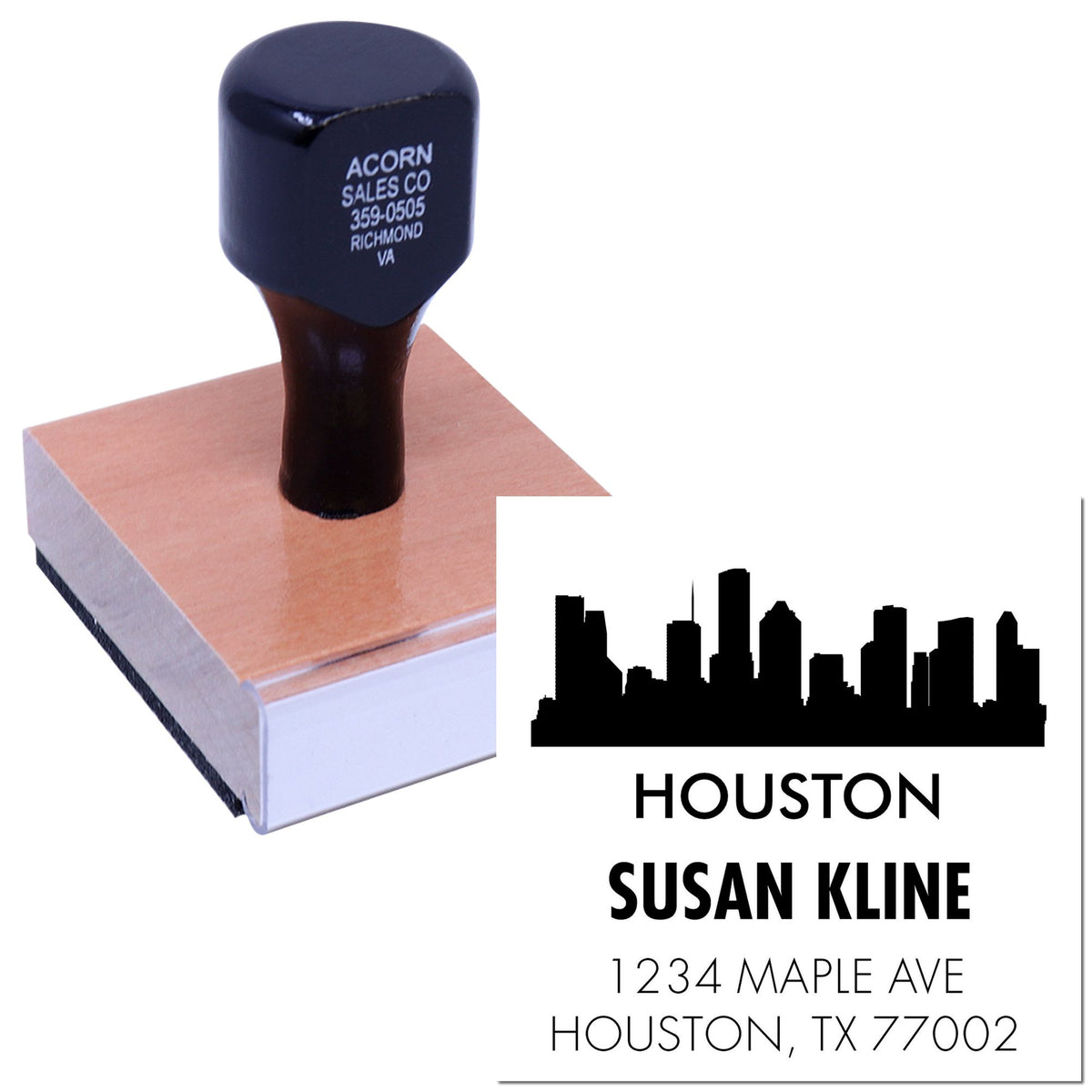 Custom Houston return address rubber stamp with skyline design, name, street address, and ZIP code.