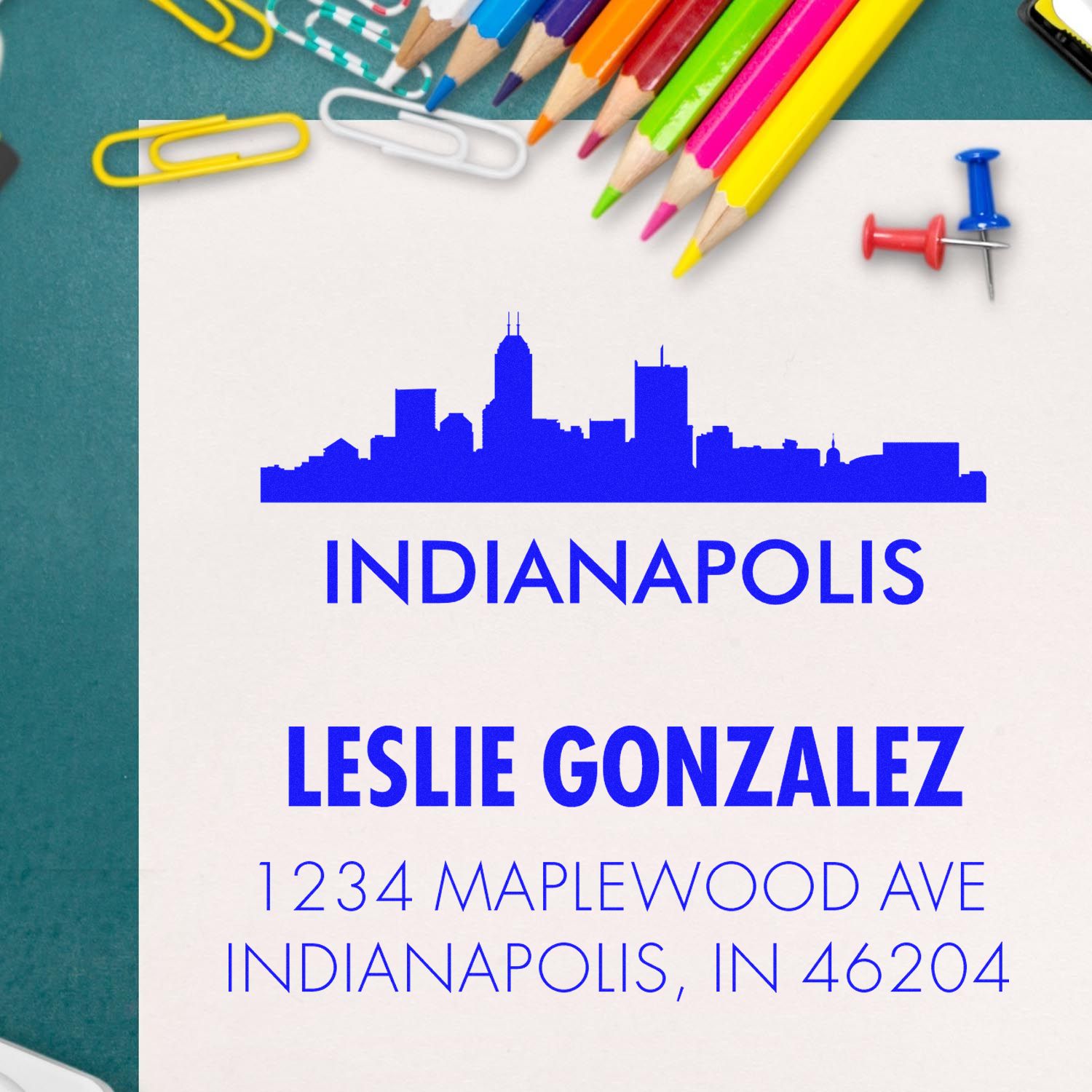 Custom Indianapolis return address rubber stamp with skyline design, Leslie Gonzalez name, and Maplewood Ave address.
