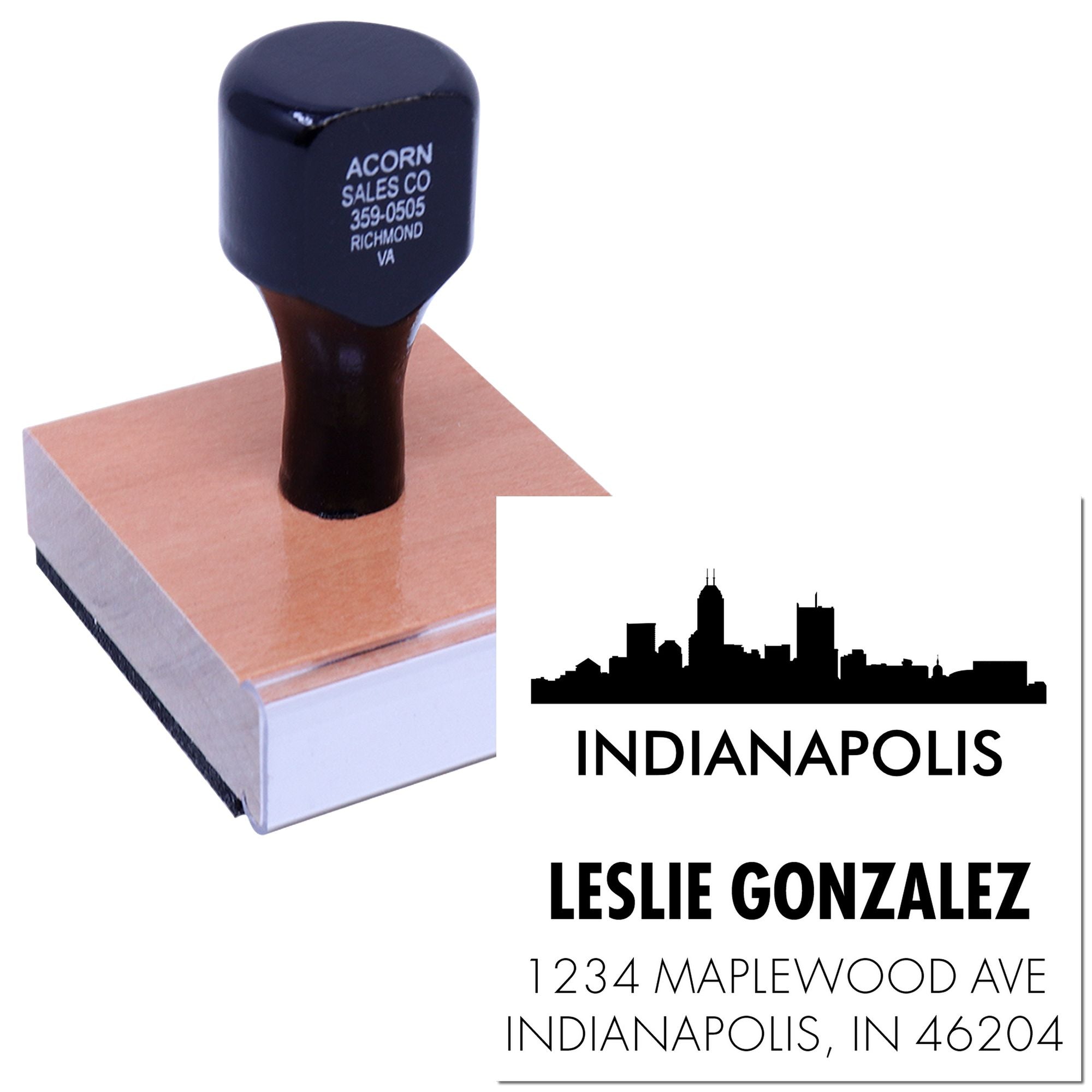 Personalized custom rubber address stamp with Indianapolis skyline and Leslie Gonzalez name for mailing and branding.